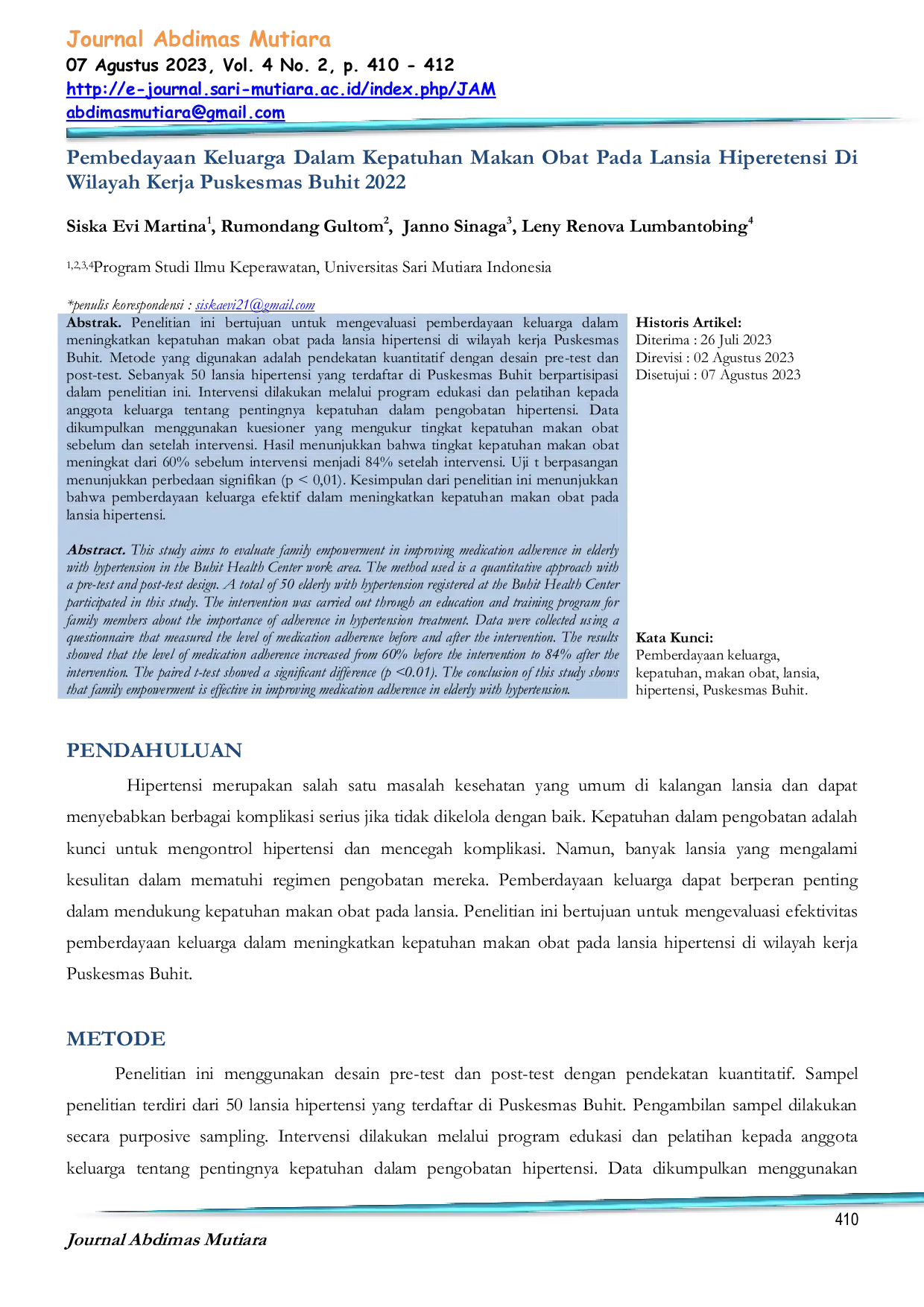 JURIS Pembedayaan Keluarga Dalam Kepatuhan Makan Obat Pada Lansia Hiperetensi Di Wilayah Kerja Puskesmas Buhit 2022