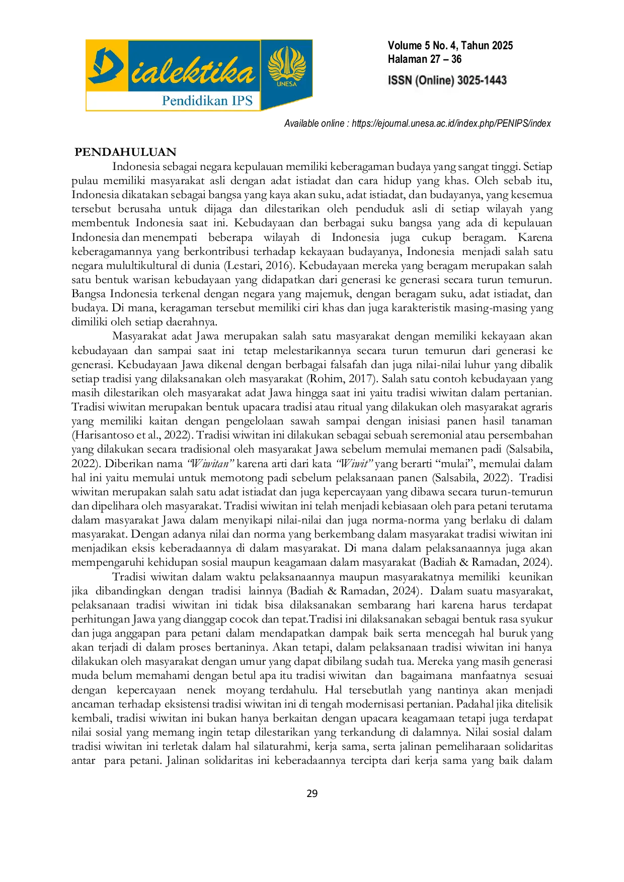 JURIS Eksistensi Tradisi Wiwitan dan Kontribusinya terhadap Pembelajaran IPS Berbasis Kearifan Lokal