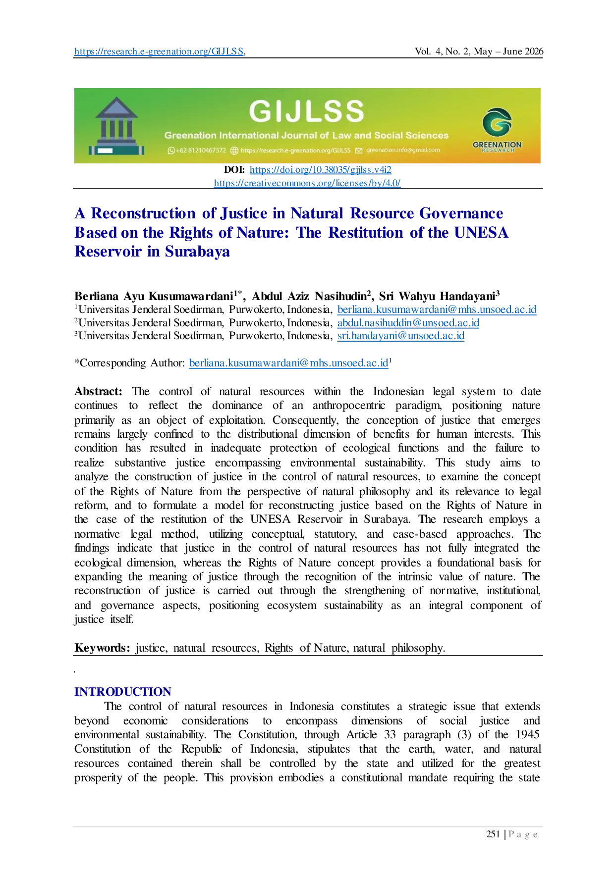JURIS A Reconstruction of Justice in Natural Resource Governance Based on the Rights of Nature The Restitution of the UNESA Reservoir in Surabaya