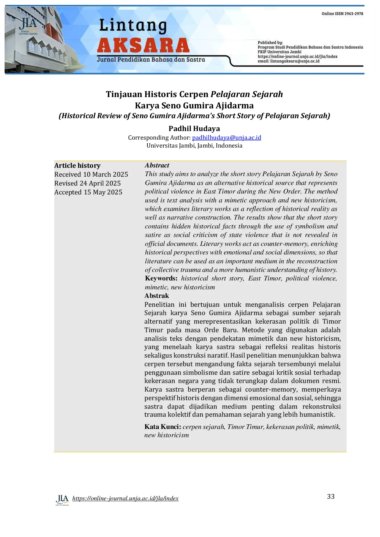 JURIS Tinjauan Historis Cerpen Pelajaran Sejarah Karya Seno Gumira Ajidarma