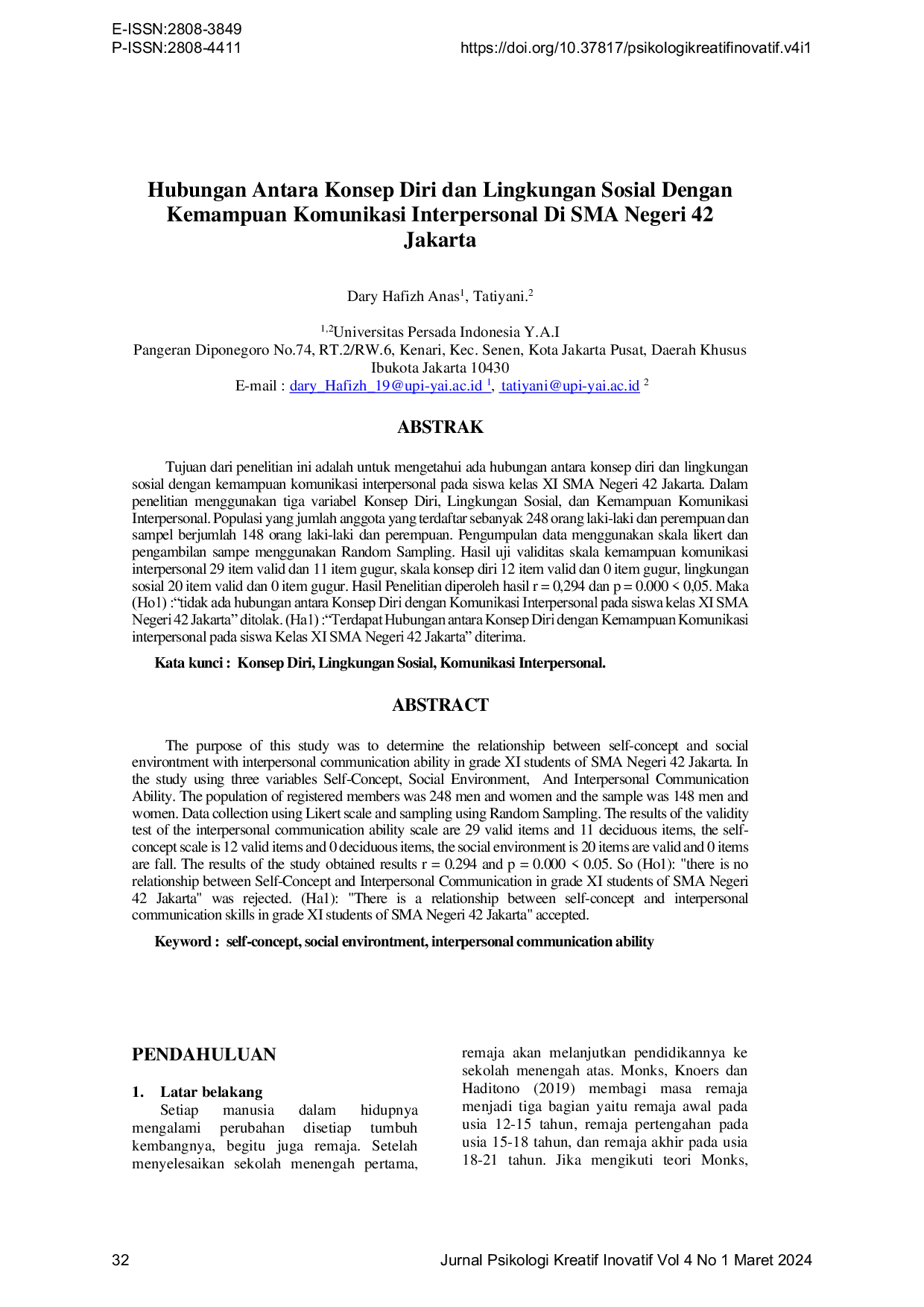 JURIS Hubungan Antara Konsep Diri dan Lingkungan Sosial Dengan Kemampuan Komunikasi Interpersonal Di SMA Negeri 42 Jakarta