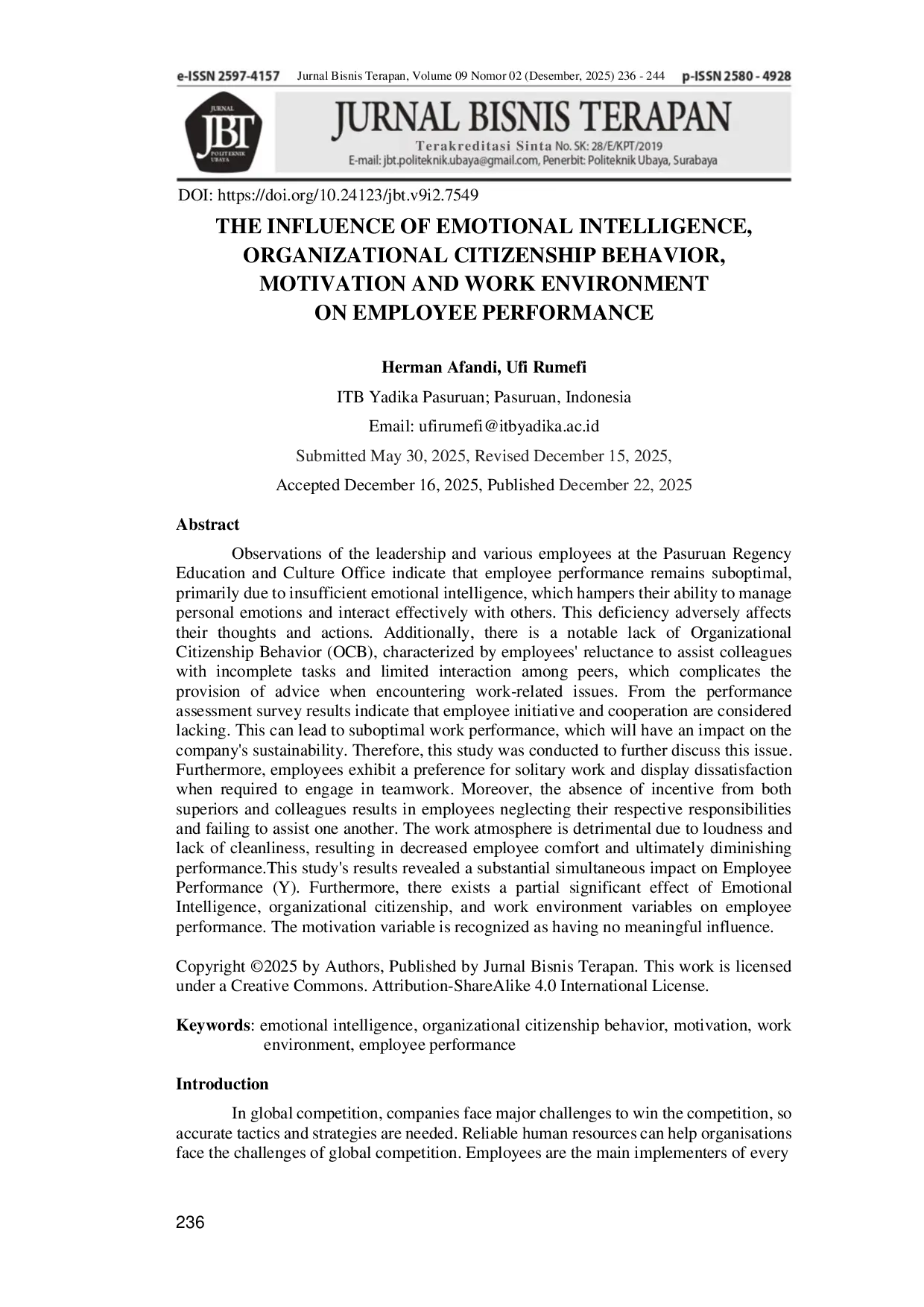 JURIS Pengaruh Kecerdasan Emosional Perilaku Kewarganegaraan Organisasi Motivasi dan Lingkungan Kerja Terhadap Kinerja Karyawan
