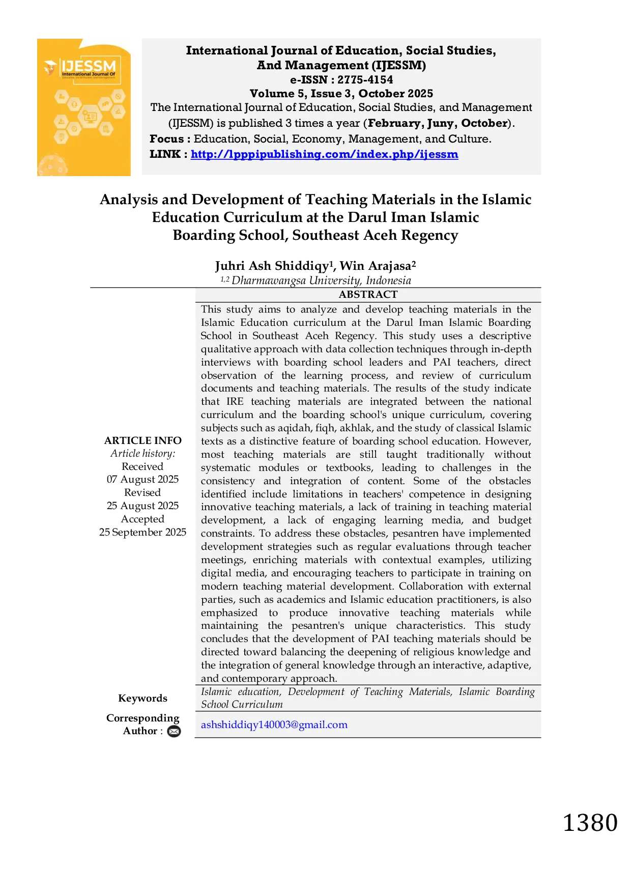 JURIS Analysis and Development of Teaching Materials in the Islamic Education Curriculum at the Darul Iman Islamic Boarding School Southeast Aceh Regency