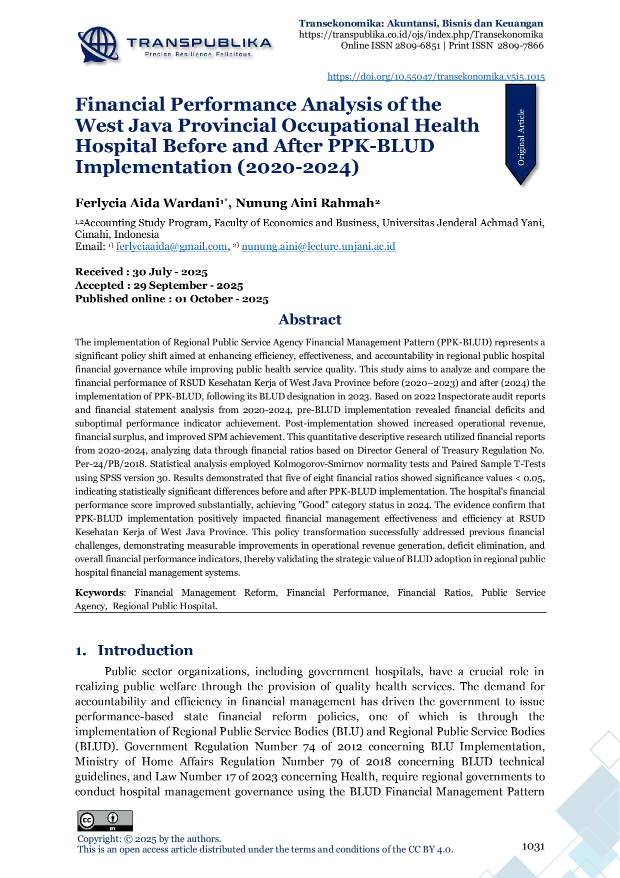 JURIS Financial Performance Analysis of the West Java Provincial Occupational Health Hospital Before and After PPK BLUD Implementation 2020 2024