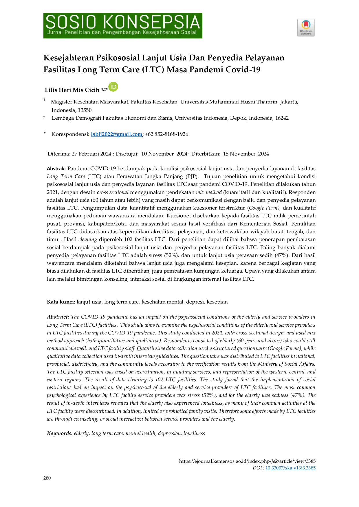 JURIS Kesejahteran Psikososial Lanjut Usia Dan Penyedia Pelayanan Fasilitas Longterm Care LTC Masa Pandemi Covid 19