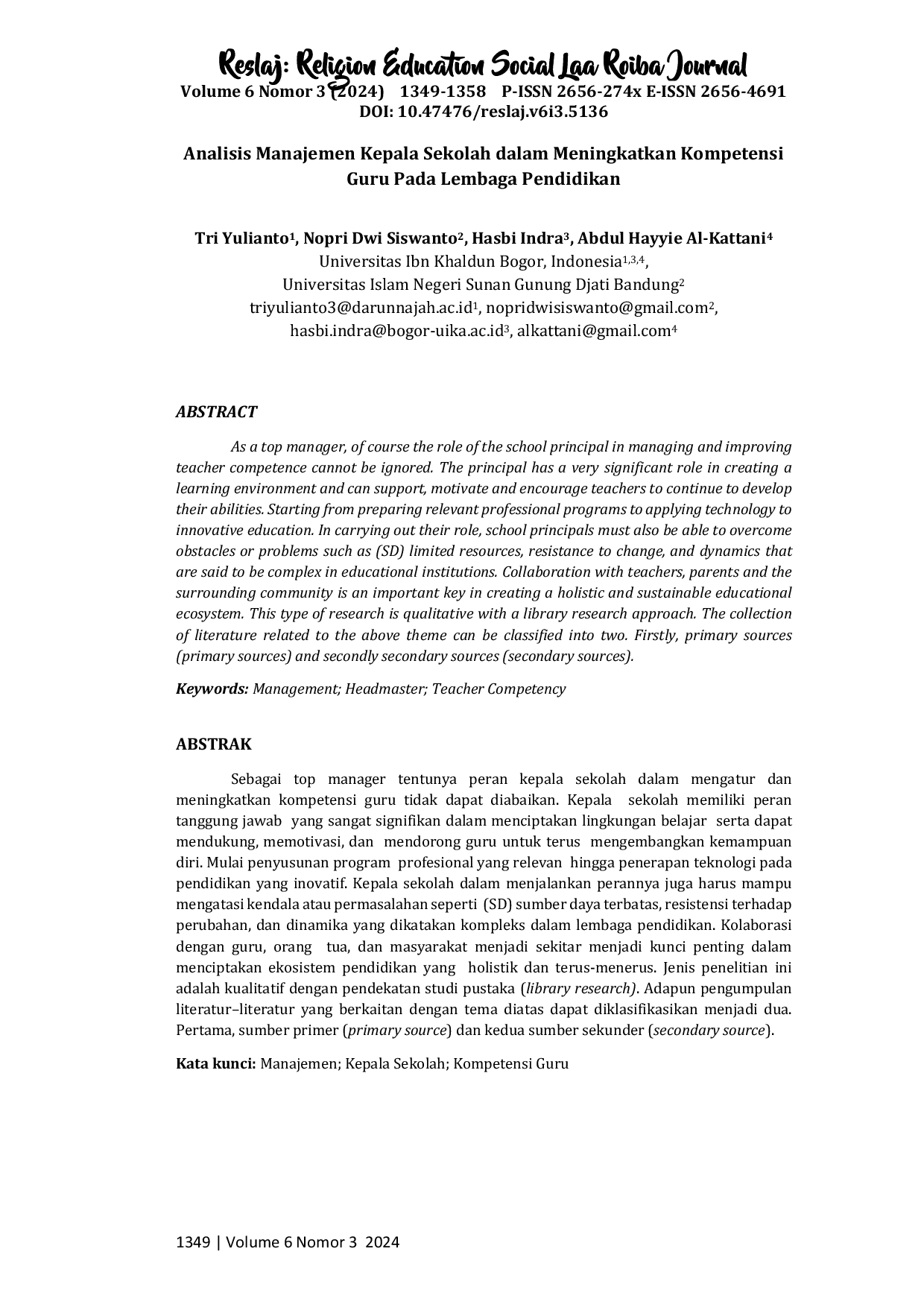 JURIS Analisis Manajemen Kepala Sekolah dalam Meningkatkan Kompetensi Guru pada Lembaga Pendidikan