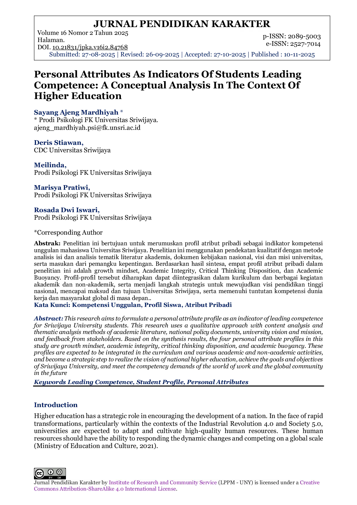 JURIS Personal Attributes As Indicators Of Students Leading Competence A Conceptual Analysis In The Context Of Higher Education