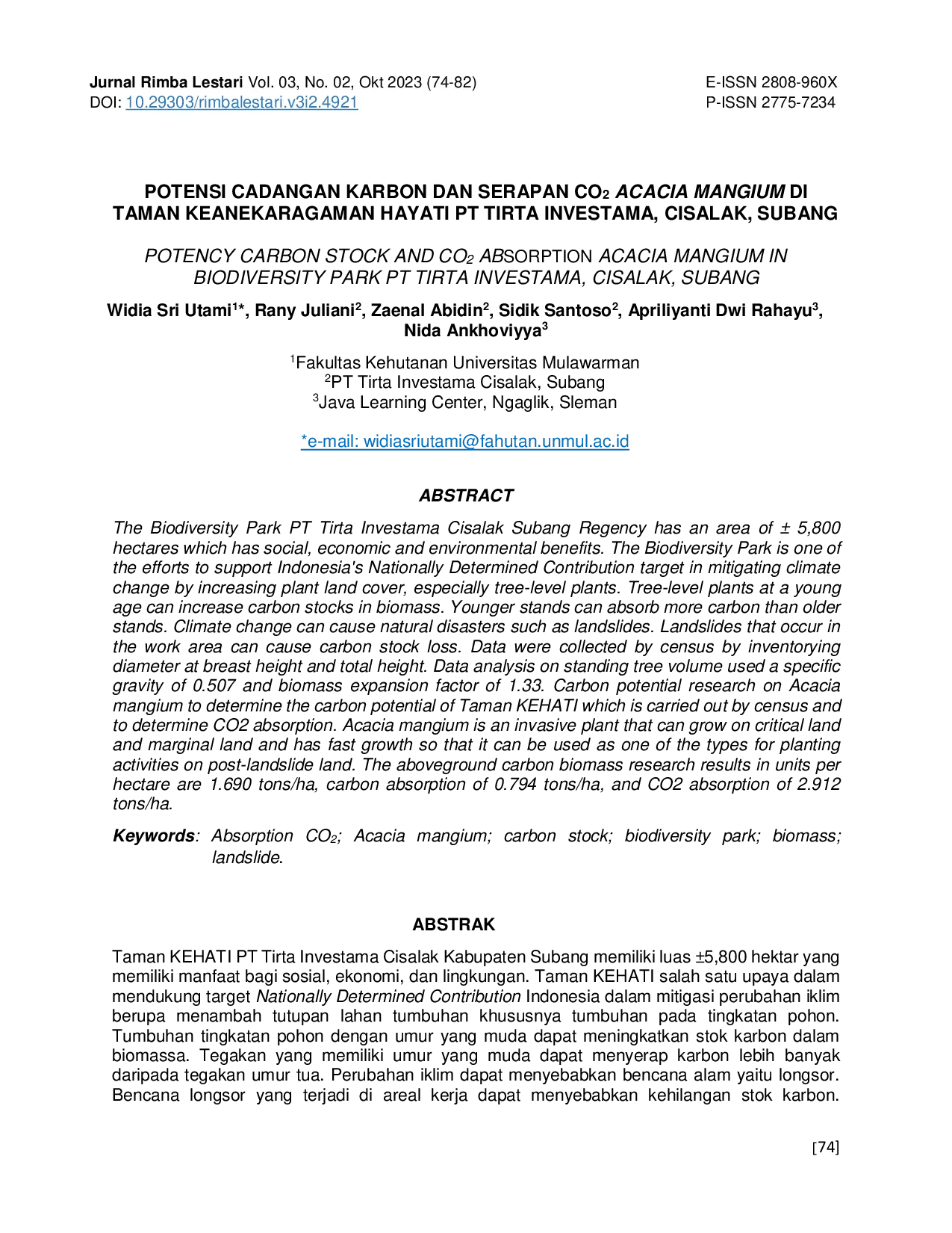 JURIS Potensi Cadangan Karbon Dan Serapan Co2 Acacia Mangium Di Taman Keanekaragaman Hayati Pt Tirta Investama Cisalak Subang