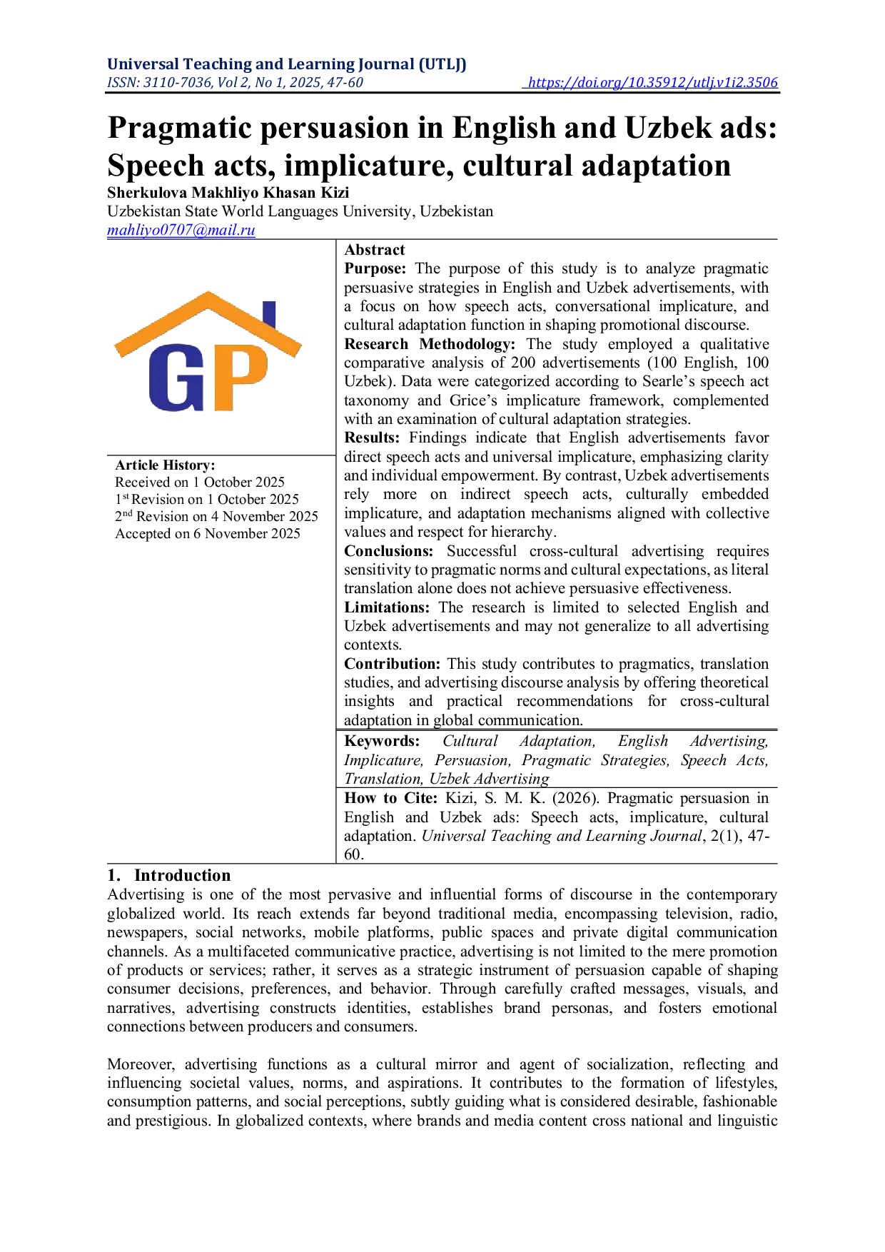 JURIS Pragmatic persuasion in English and Uzbek ads Speech acts implicature cultural adaptation