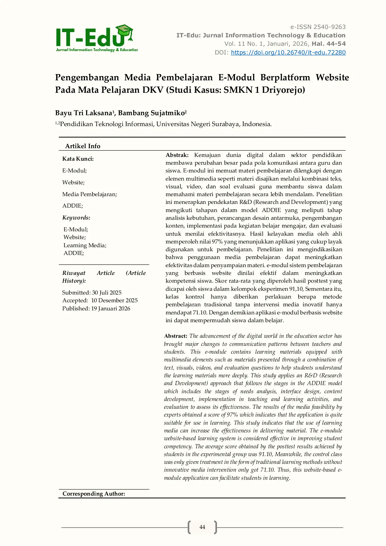JURIS Pengembangan Media Pembelajaran E Modul Berplatform Website Pada Mata Pelajaran DKV Studi Kasus SMKN 1 Driyorejo
