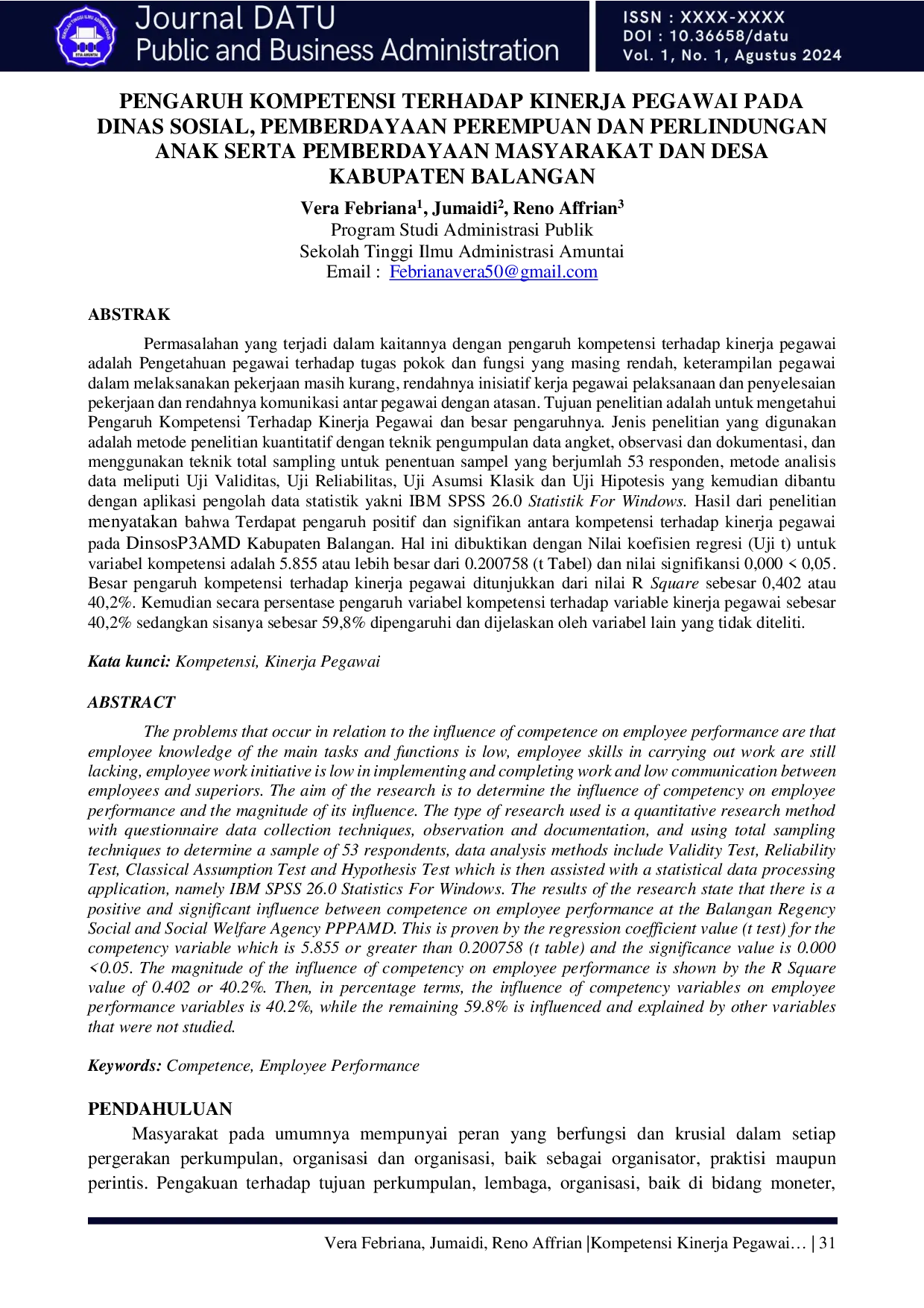 JURIS Pengaruh Kompetensi Terhadap Kinerja Pegawai Pada Dinas Sosial Pemberdayaan Perempuan Dan Perlindungan Anak Serta Pemberdayaan Masyarakat Dan Desa Kabupaten Balangan