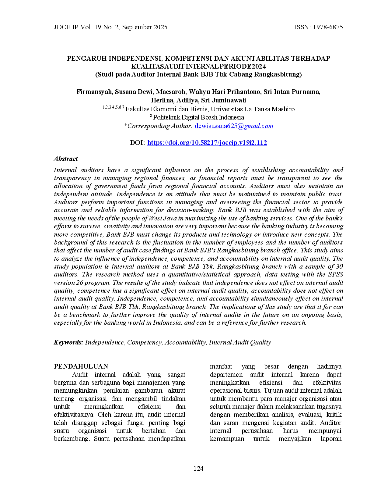 JURIS PENGARUH INDEPENDENSI KOMPETENSI DAN AKUNTABILITAS TERHADAP KUALITAS AUDIT INTERNAL PERIODE 2024 Studi pada Auditor Internal Bank BJB Tbk Cabang Rangkasbitung