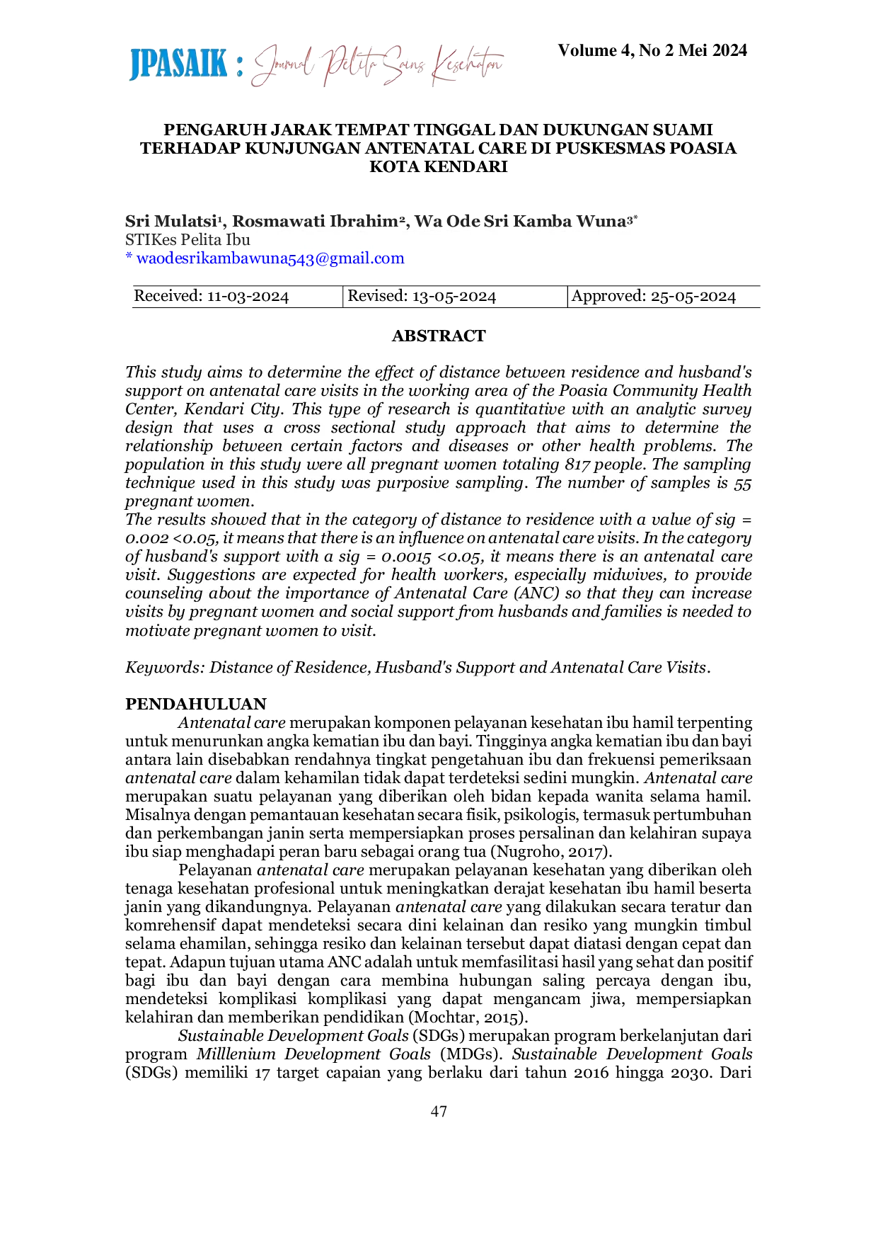 JURIS Pengaruh Jarak Tempat Tinggal dan Dukungan Suami terhadap Kunjungan Antenatal Care di Puskesmas Poasia Kota Kendari