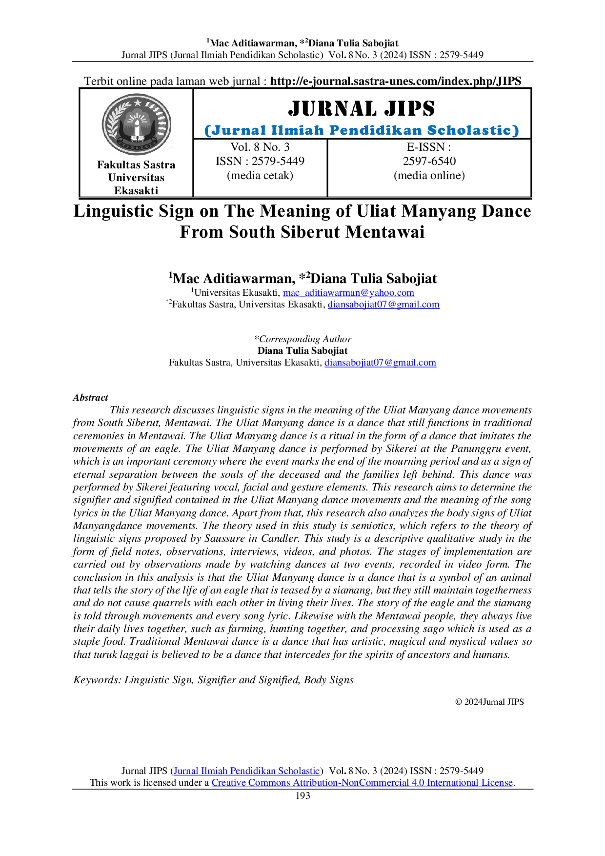 JURIS Linguistic Sign on The Meaning of Uliat Manyang Dance From South Siberut Mentawai