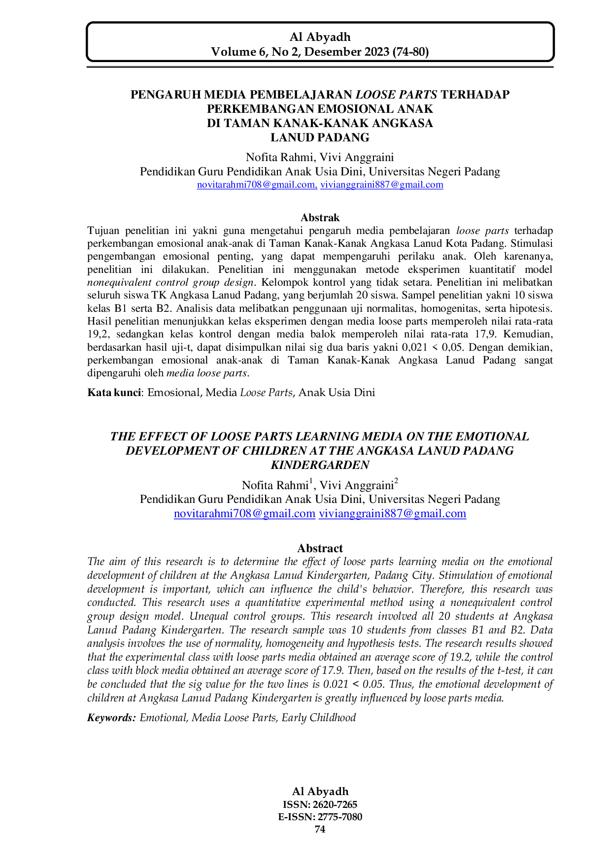JURIS Pengaruh Media Pembelajaran Loose Parts Terhadap Perkembangan Emosional Anak Di Taman Kanak Kanak Angkasa Lanud Padang