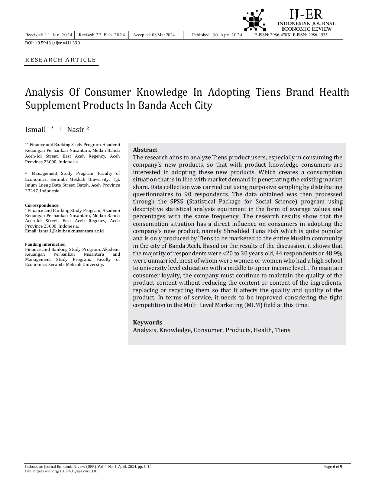 JURIS Analysis Of Consumer Knowledge In Adopting Tiens Brand Health Supplement Products In Banda Aceh City