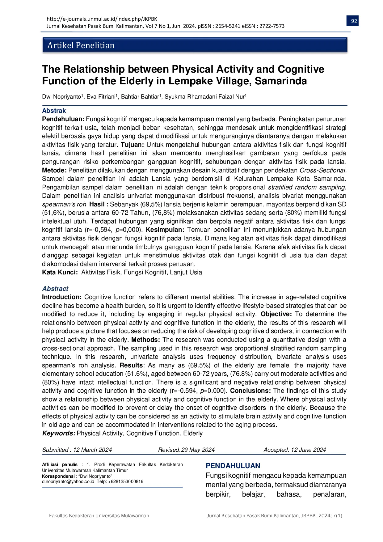 JURIS The Relationship between Physical Activity and Cognitive Function of the Elderly in Lempake Village Samarinda