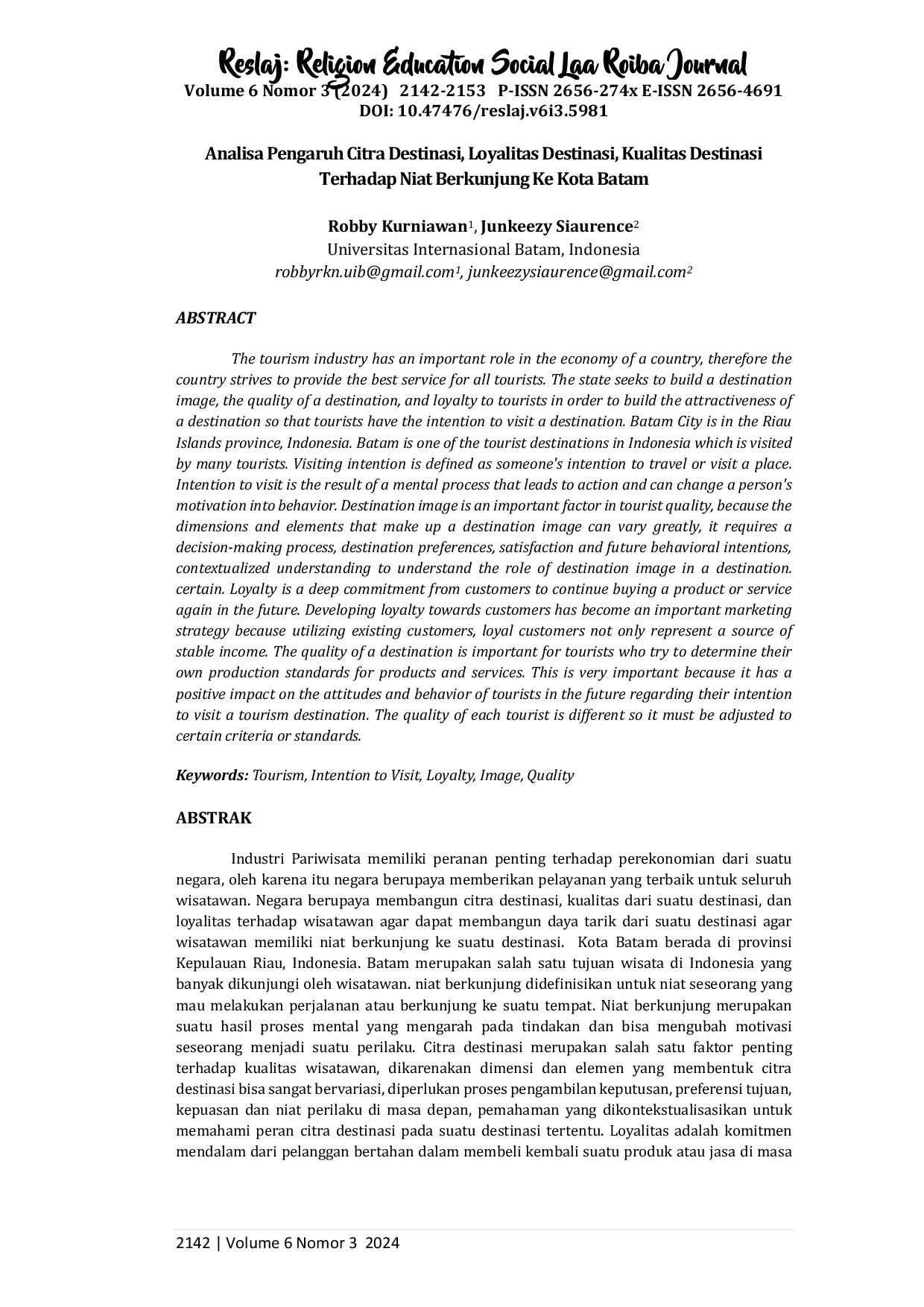 JURIS Analisa Pengaruh Citra Destinasi Loyalitas Destinasi Kualitas Destinasi terhadap Niat Berkunjung Ke Kota Batam