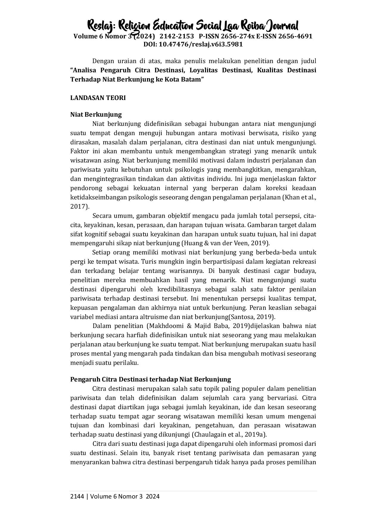 JURIS Analisa Pengaruh Citra Destinasi Loyalitas Destinasi Kualitas Destinasi terhadap Niat Berkunjung Ke Kota Batam