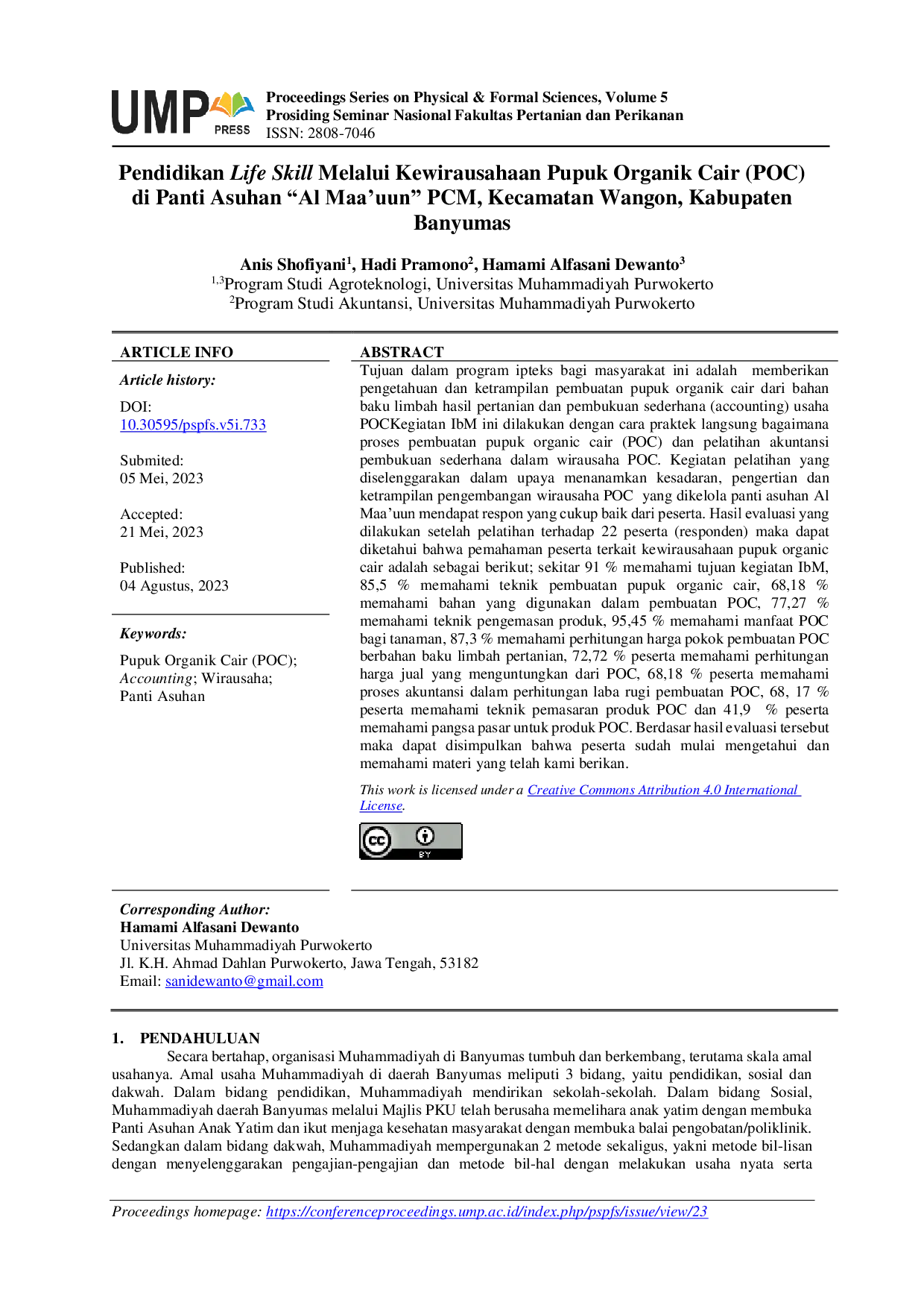 JURIS Pendidikan Life Skill Melalui Kewirausahaan Pupuk Organik Cair POC di Panti Asuhan Al Maa uun PCM Kecamatan Wangon Kabupaten Banyumas