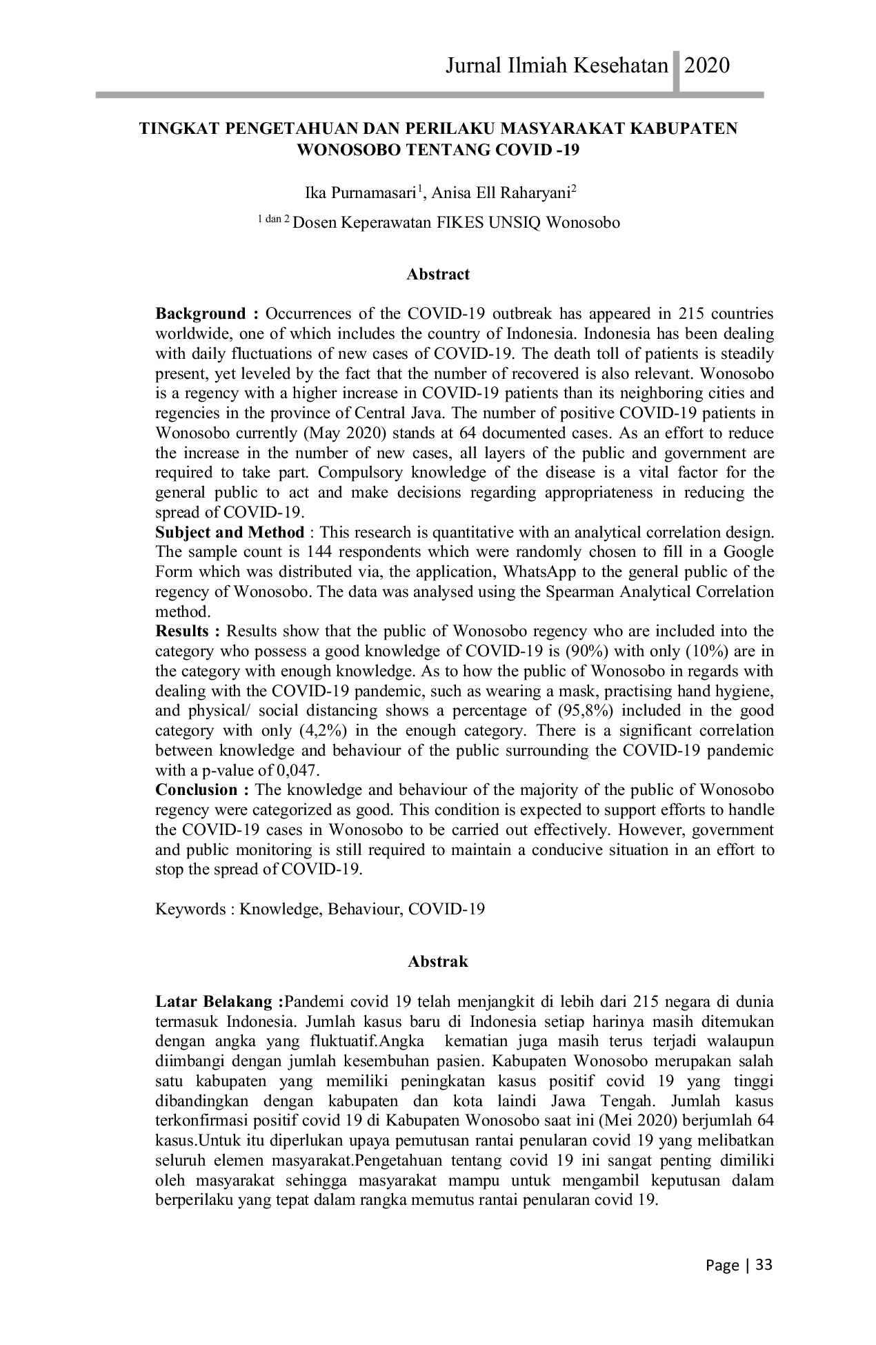 JURIS Relationship Between Knowledge Attitudes And Actions Towards Preventing Covid 19 Disease In Bangun Village Sampolawa District South Buton Regency