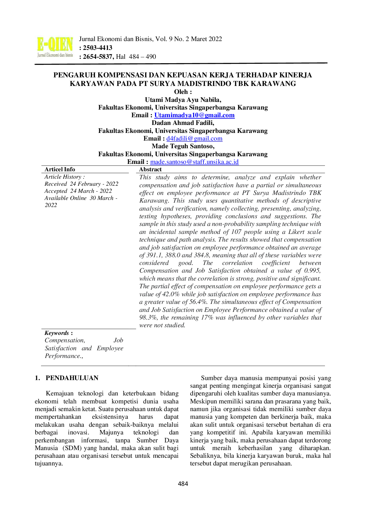 JURIS Pengaruh Kompensasi Dan Kepuasan Kerja Terhadap Kinerja Karyawan Pada PT Surya Madistrindo Tbk Karawang