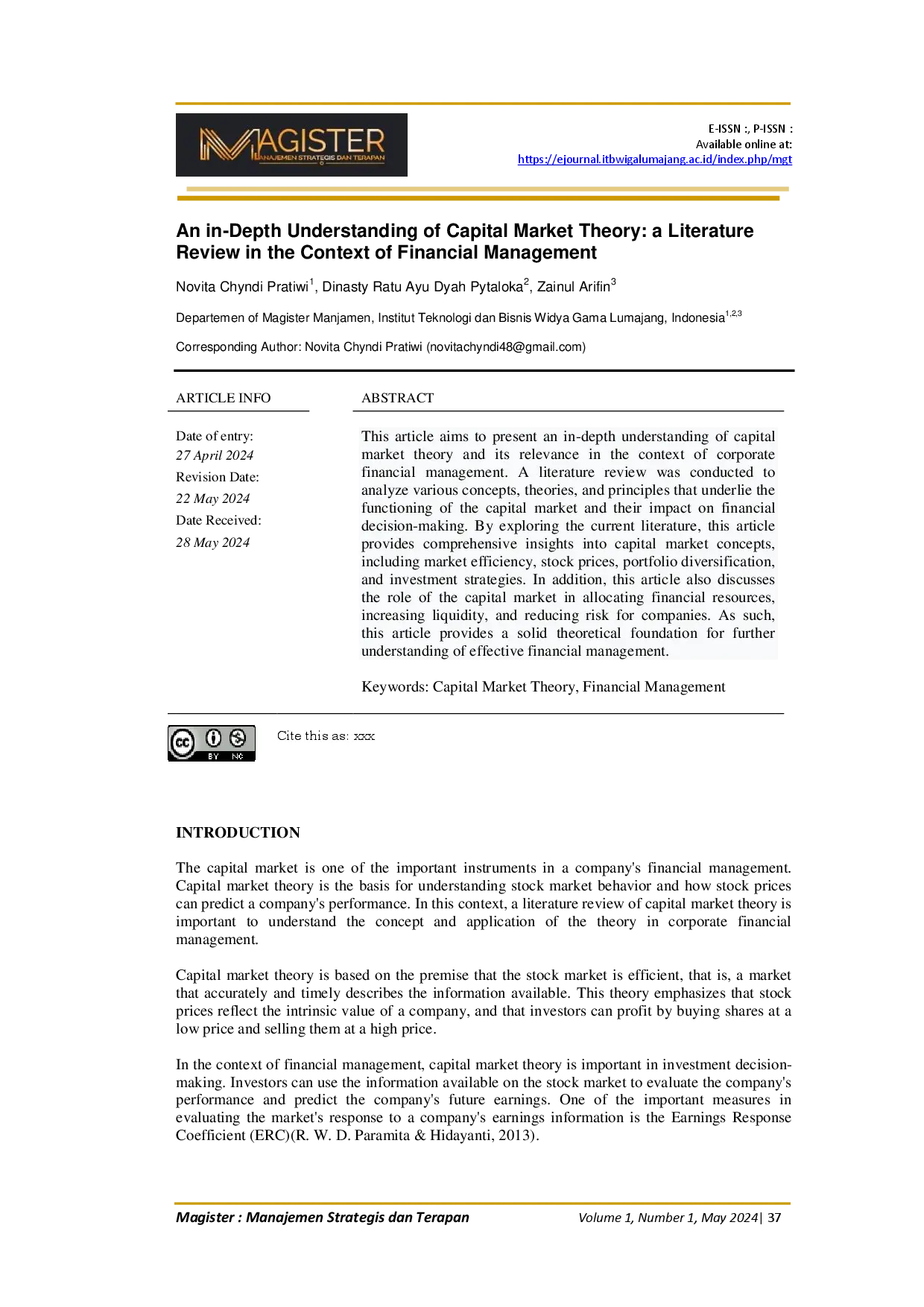 juris An in Depth Understanding of Capital Market Theory a Literature Review in the Context of Financial Management