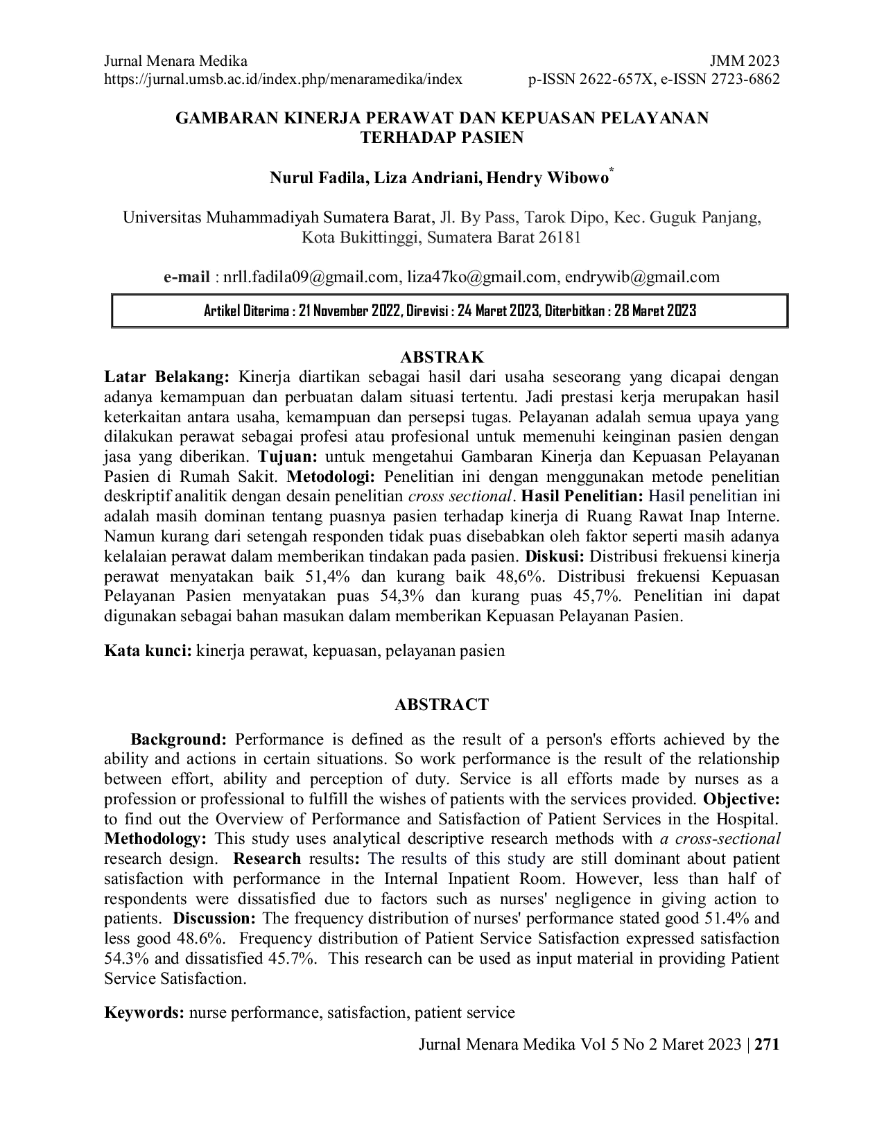 JURIS Gambaran Kinerja Perawat Dan Kepuasan Pelayanan Terhadap Pasien
