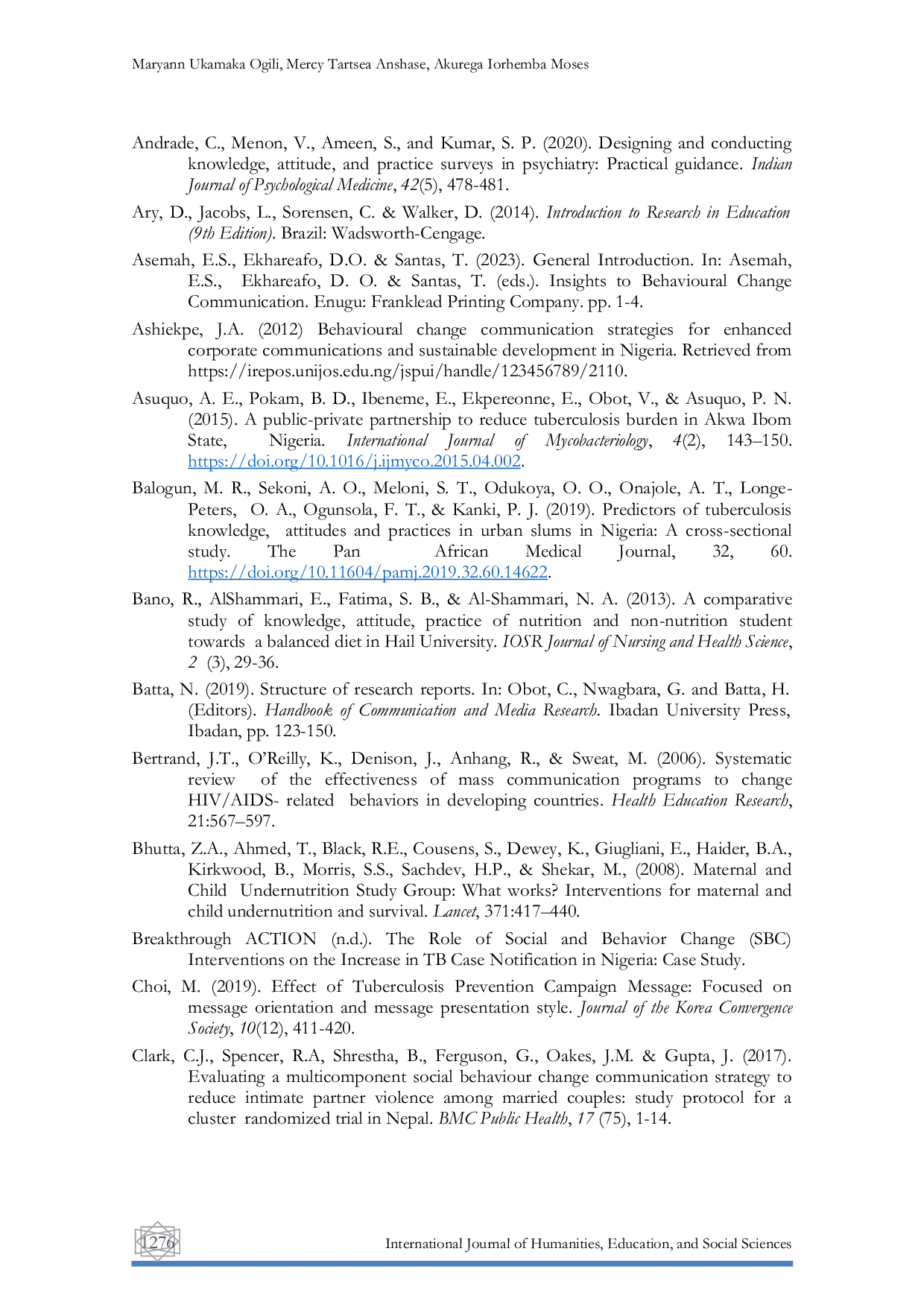 JURIS Appraising Breakthrough Action Organisation s Social and Behavioural Change Communication in the Check Am O Tuberculosis Campaign in Nasarawa State
