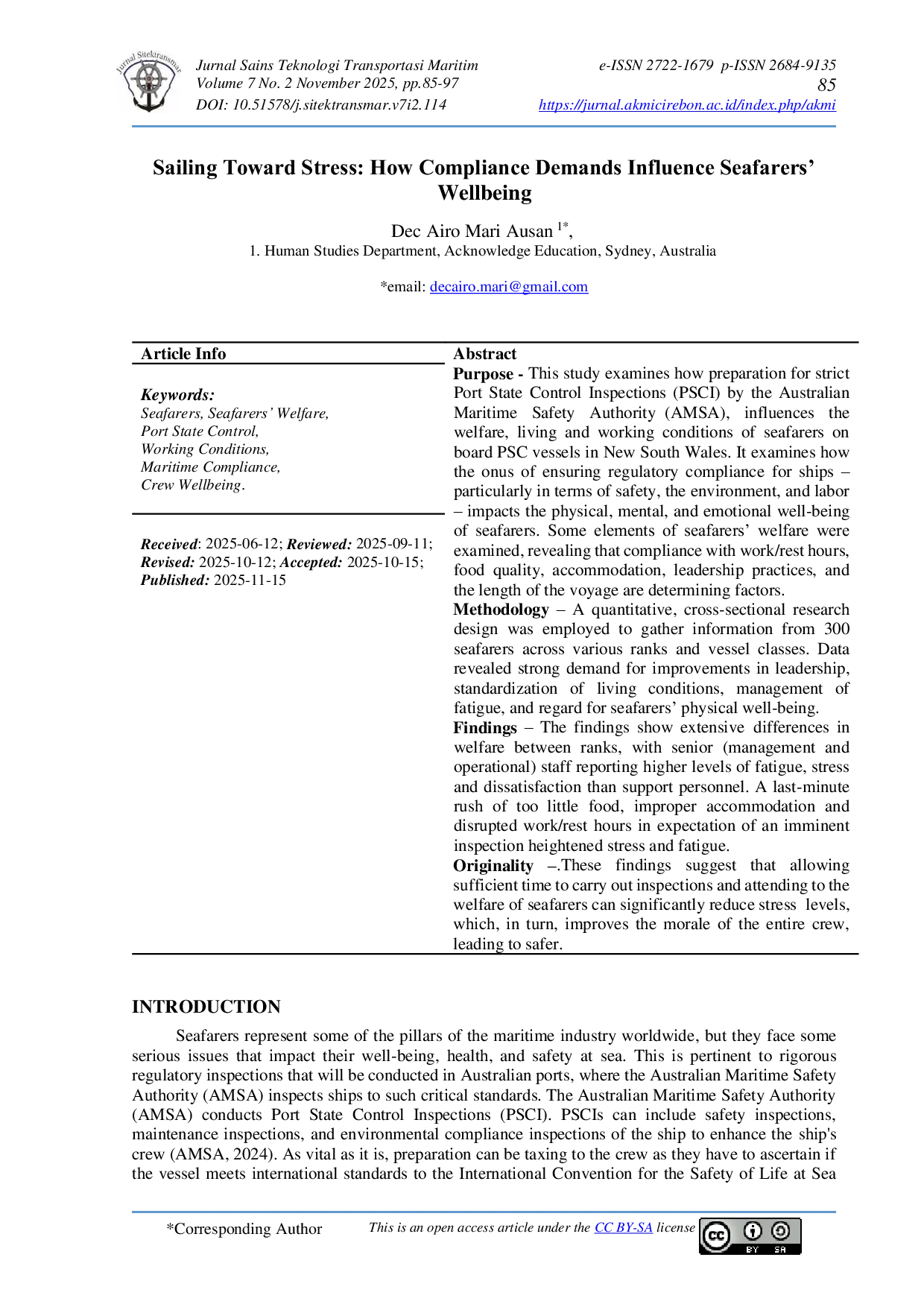 JURIS Sailing Toward Stress How Compliance Demands Influence Seafarers Wellbeing