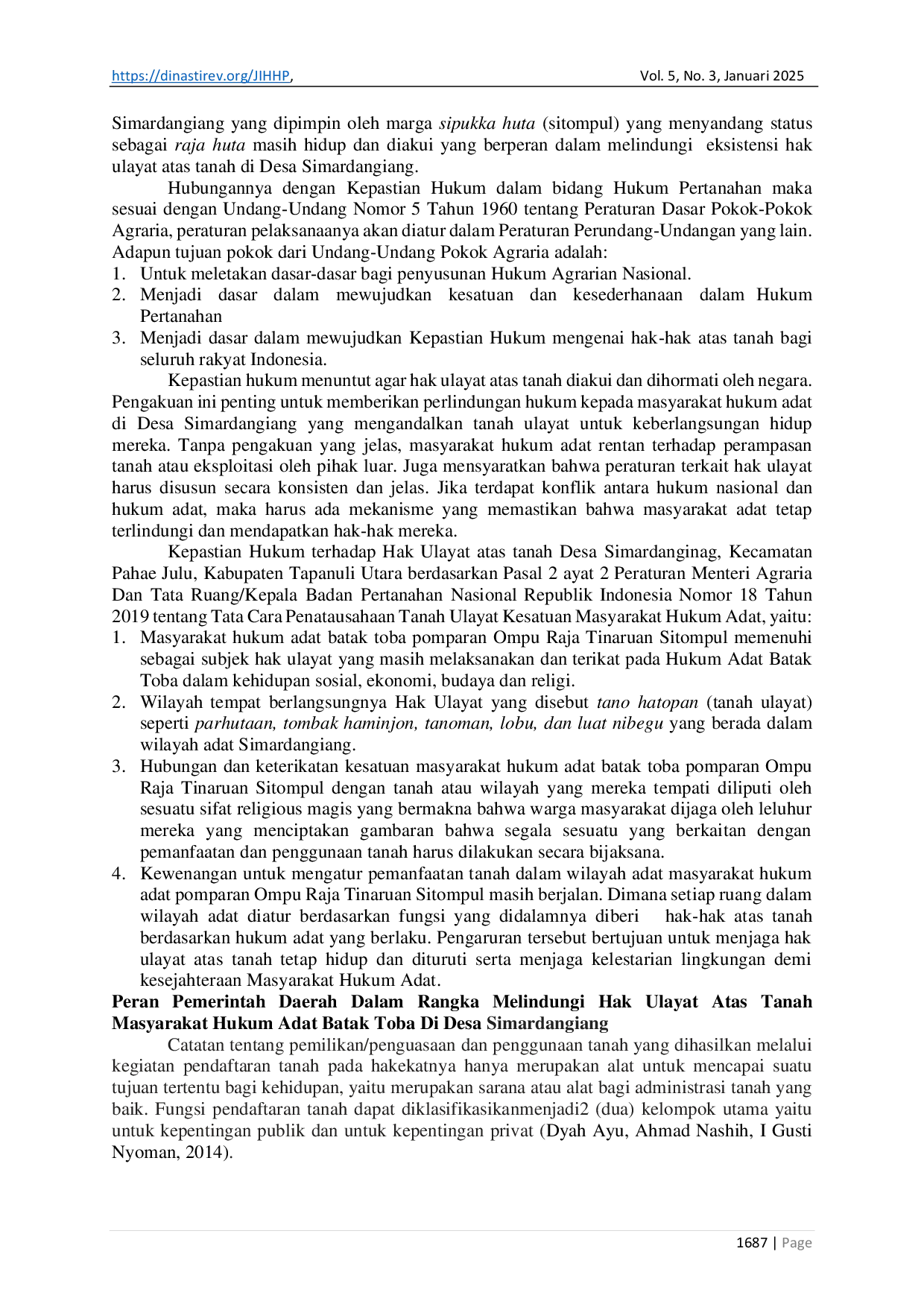 JURIS Perlindungan Hukum Terhadap Hak Ulayat atas Tanah Masyarakat Hukum Adat Batak Toba di Desa Simardangiang Kecamatan Pahae Julu Kabupaten Tapanuli Utara