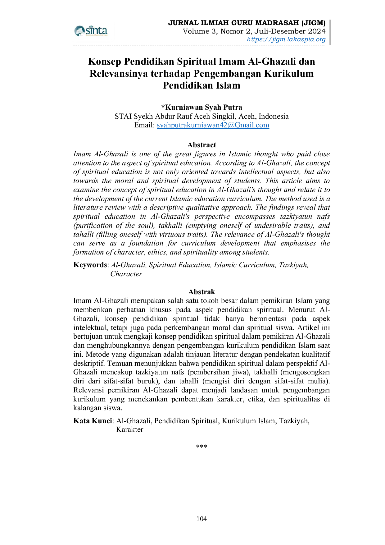 JURIS Konsep Pendidikan Spiritual Imam Al Ghazali dan Relevansinya terhadap Pengembangan Kurikulum Pendidikan Islam