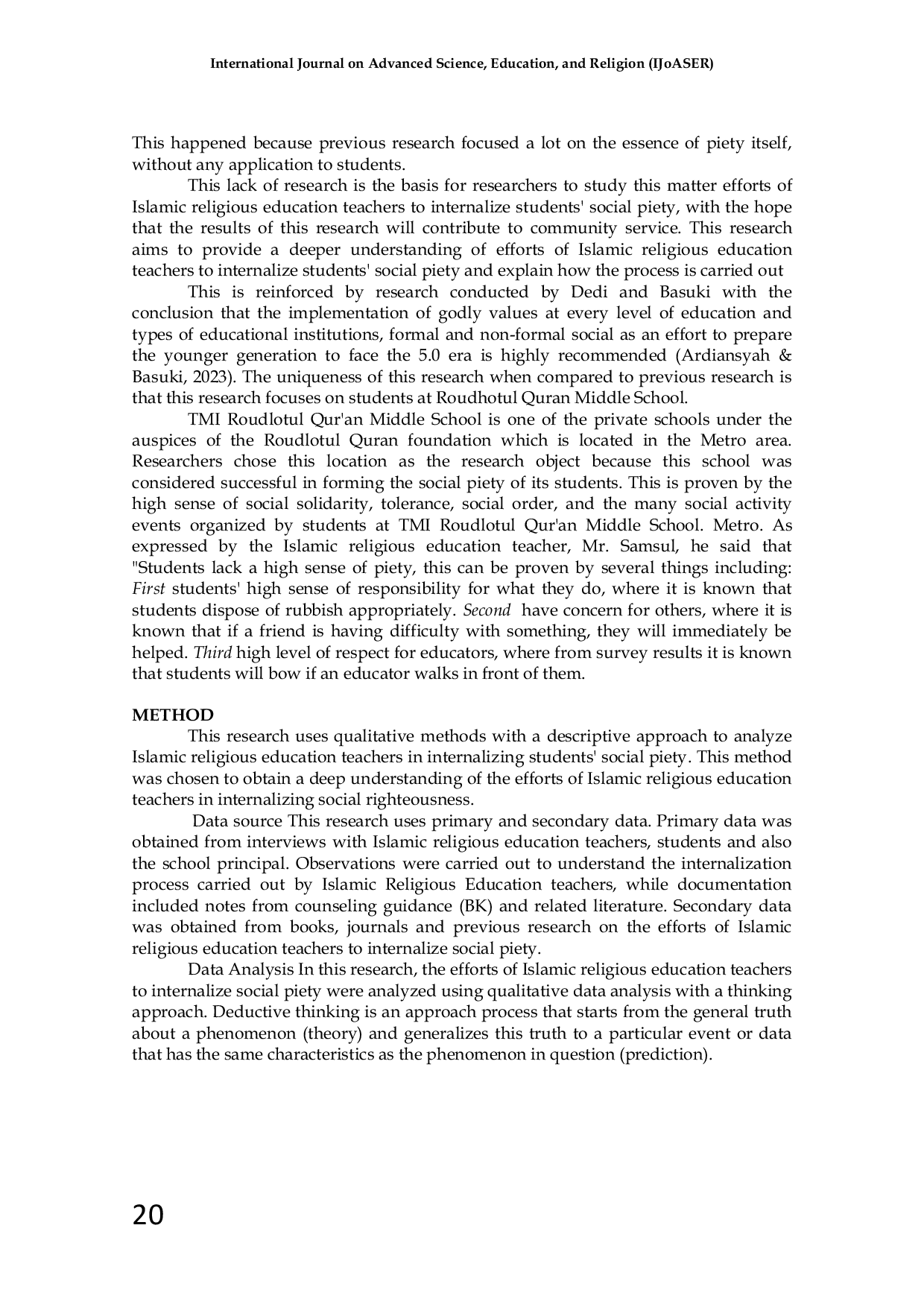 JURIS The Efforts of Islamic Religious Education Teachers in Internalizing Students Social Politics at TMII Roudlotul Qur an Metro