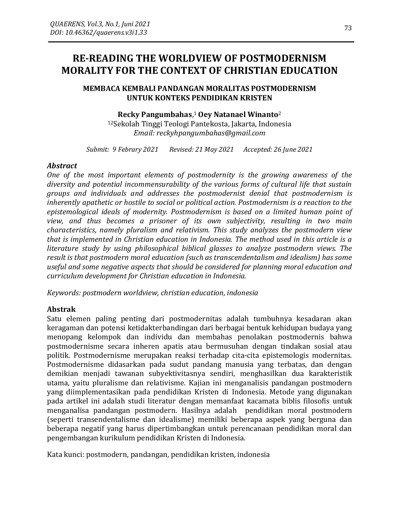 JURIS Membaca Kembali Pandangan Moralitas Postmodernism Untuk Konteks Pendidikan Kristen