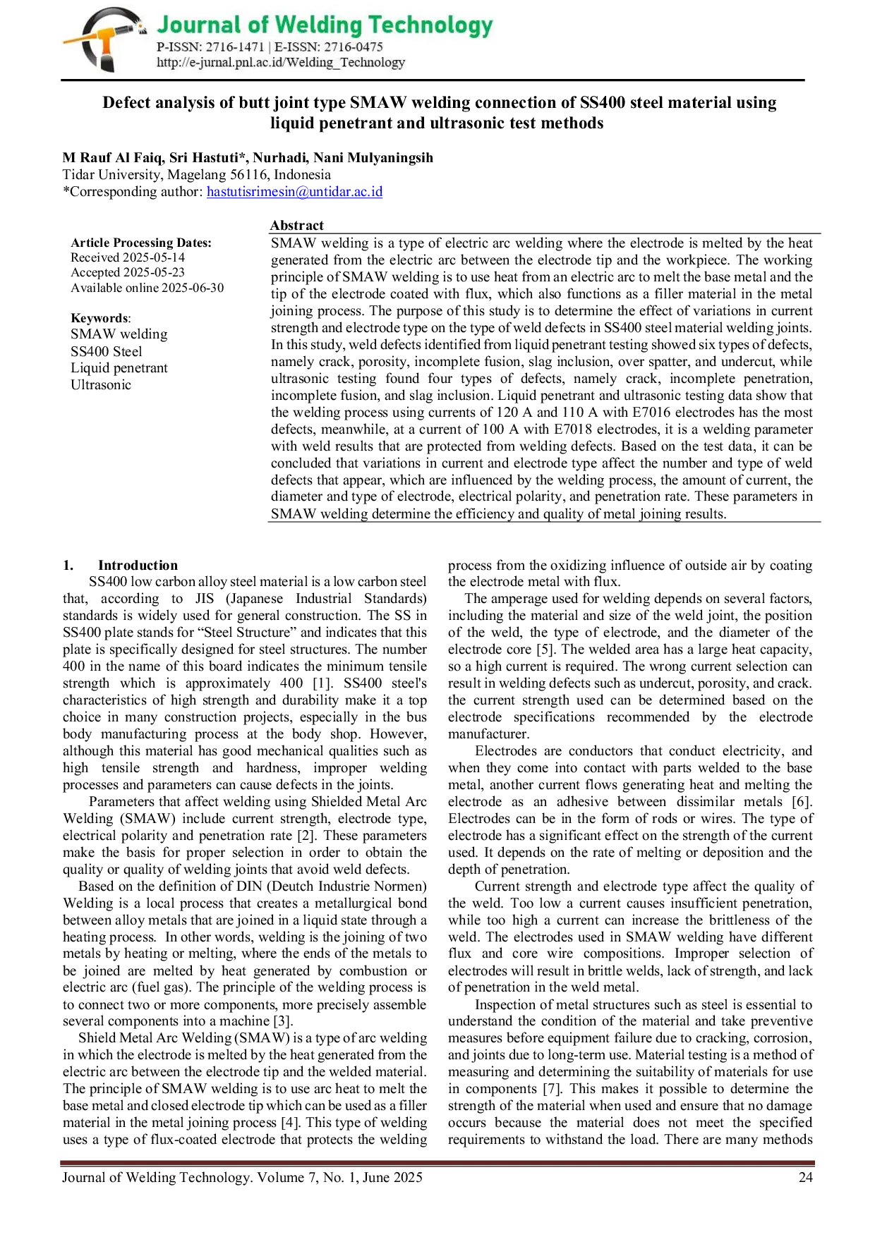 JURIS Defect analysis of butt joint type SMAW welding connection of SS400 steel material using liquid penetrant and ultrasonic test methods