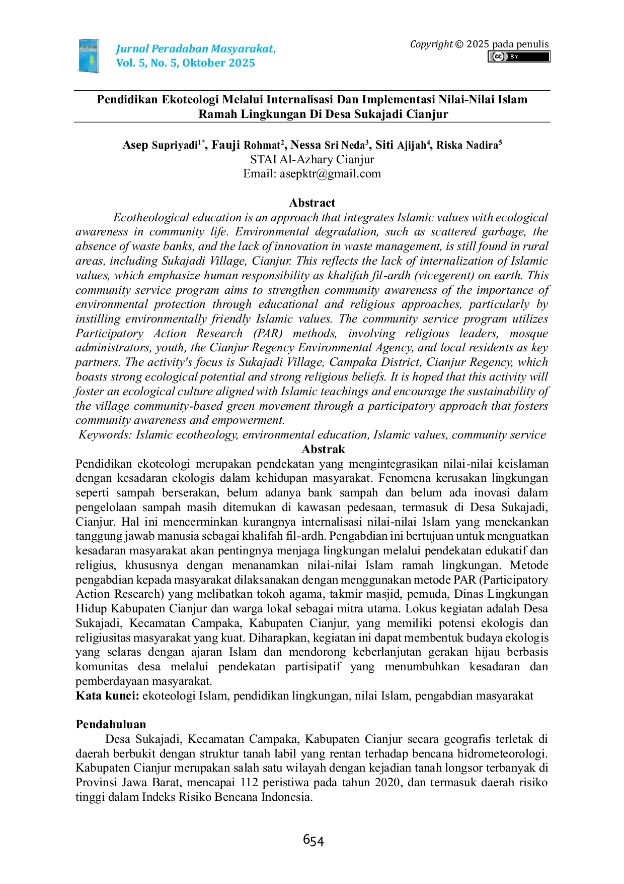 JURIS Pendidikan Ekoteologi Melalui Internalisasi Dan Implementasi Nilai Nilai Islam Ramah Lingkungan Di Desa Sukajadi Cianjur