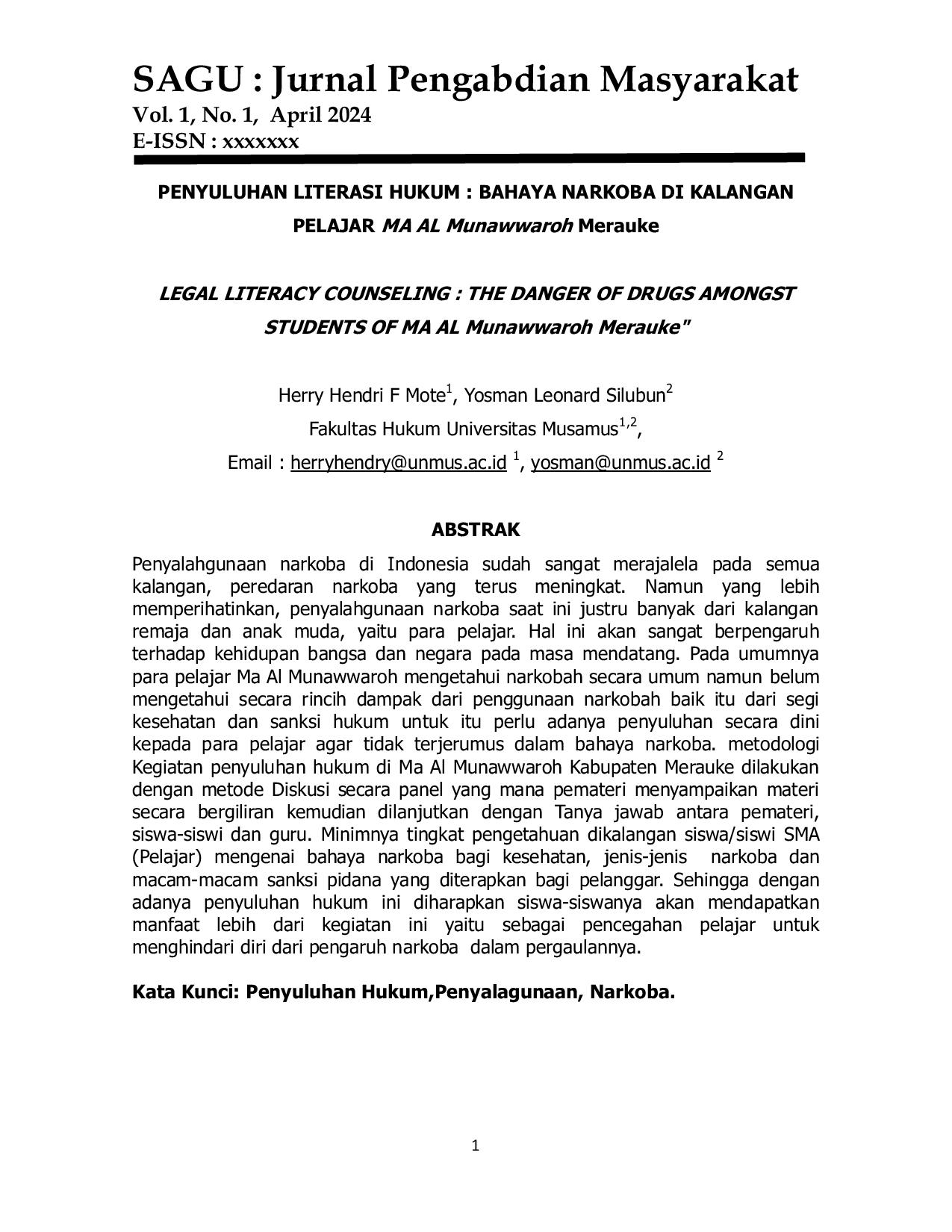 JURIS Penyuluhan Literasi Hukum Bahaya Narkoba Di Kalangan Pelajar Ma Al Munawwaroh Merauke