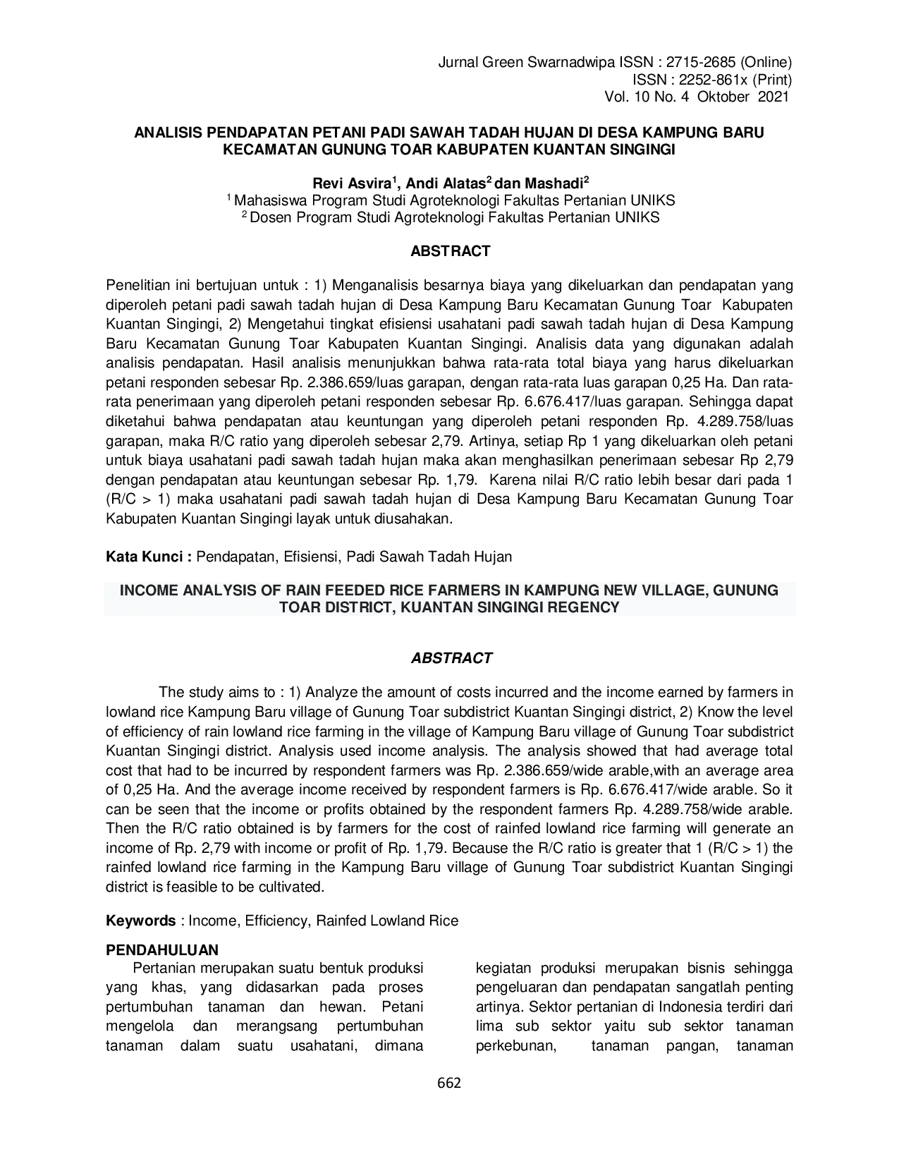 juris Analisis Pendapatan Petani Padi Sawah Tadah Hujan Di Desa Kampung Baru Kecamatan Gunung Toar Kabupaten Kuantan Singingi