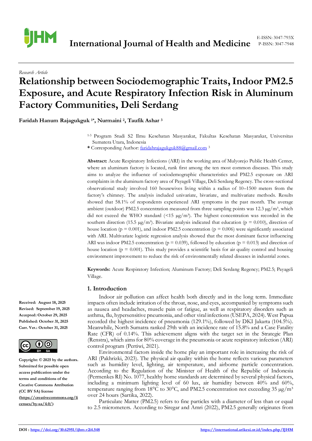 JURIS Relationship between Sociodemographic Traits Indoor PM2 5 Exposure and Acute Respiratory Infection Risk in Aluminum Factory Communities Deli Serdang