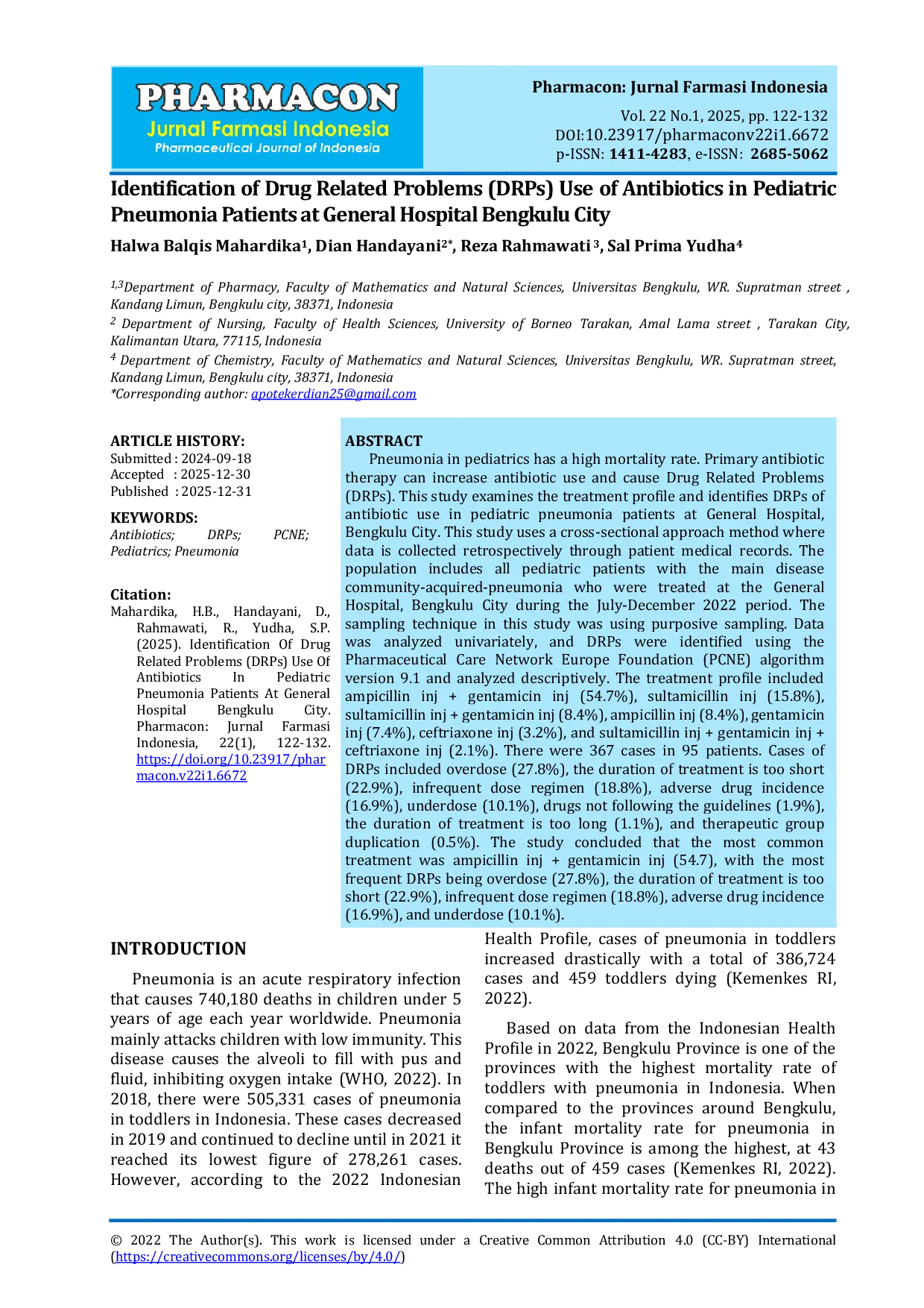 JURIS Identification of Drug Related Problems DRPs Use of Antibiotics in Pediatric Pneumonia Patients at General Hospital Bengkulu City