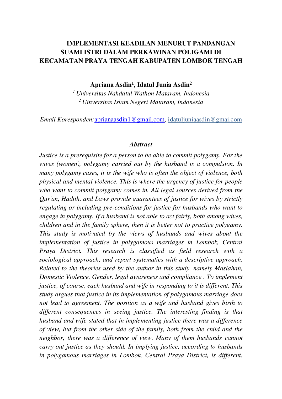 juris Implementasi Keadilan Menurut Pandangan Suami Istri Dalam Perkawinan Poligami Di Kecamatan Praya Tengah Kabupaten Lombok Tengah