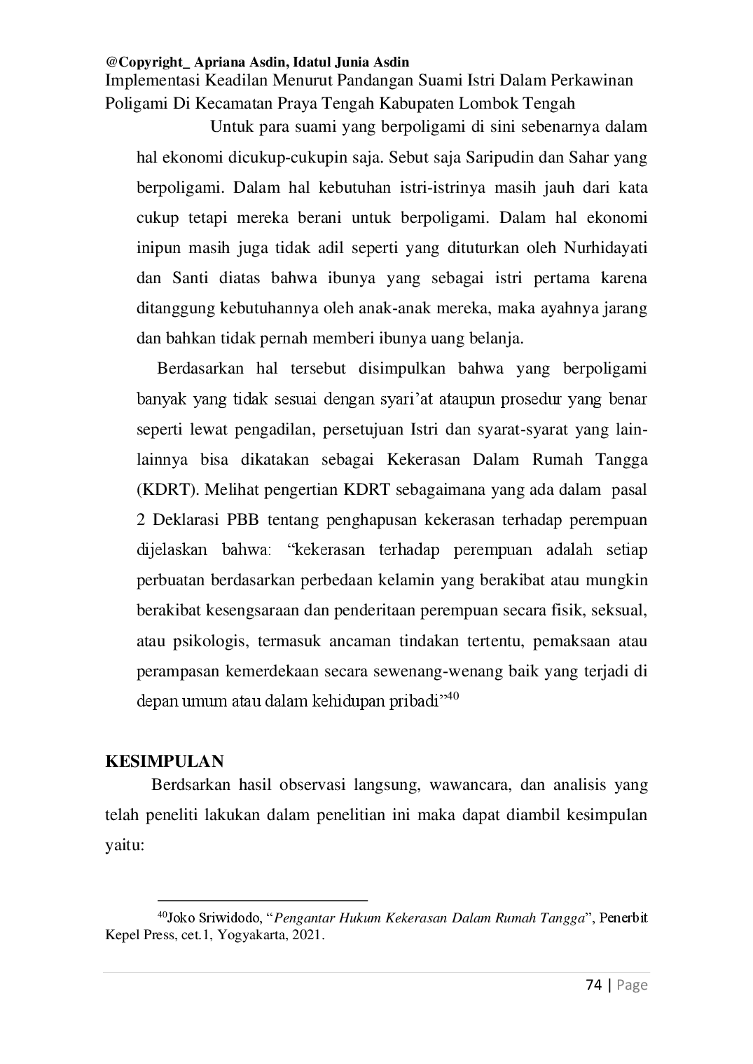 juris Implementasi Keadilan Menurut Pandangan Suami Istri Dalam Perkawinan Poligami Di Kecamatan Praya Tengah Kabupaten Lombok Tengah