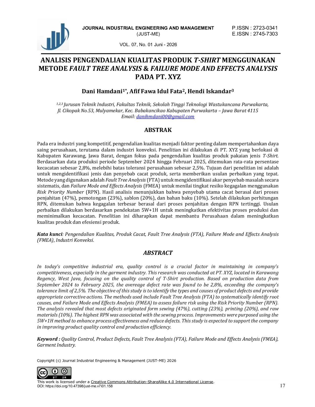 JURIS Analysis of Quality Control of T Shirt Products Using Fault Tree Analysis Failure Mode and Effects Analysis at PT XYZ