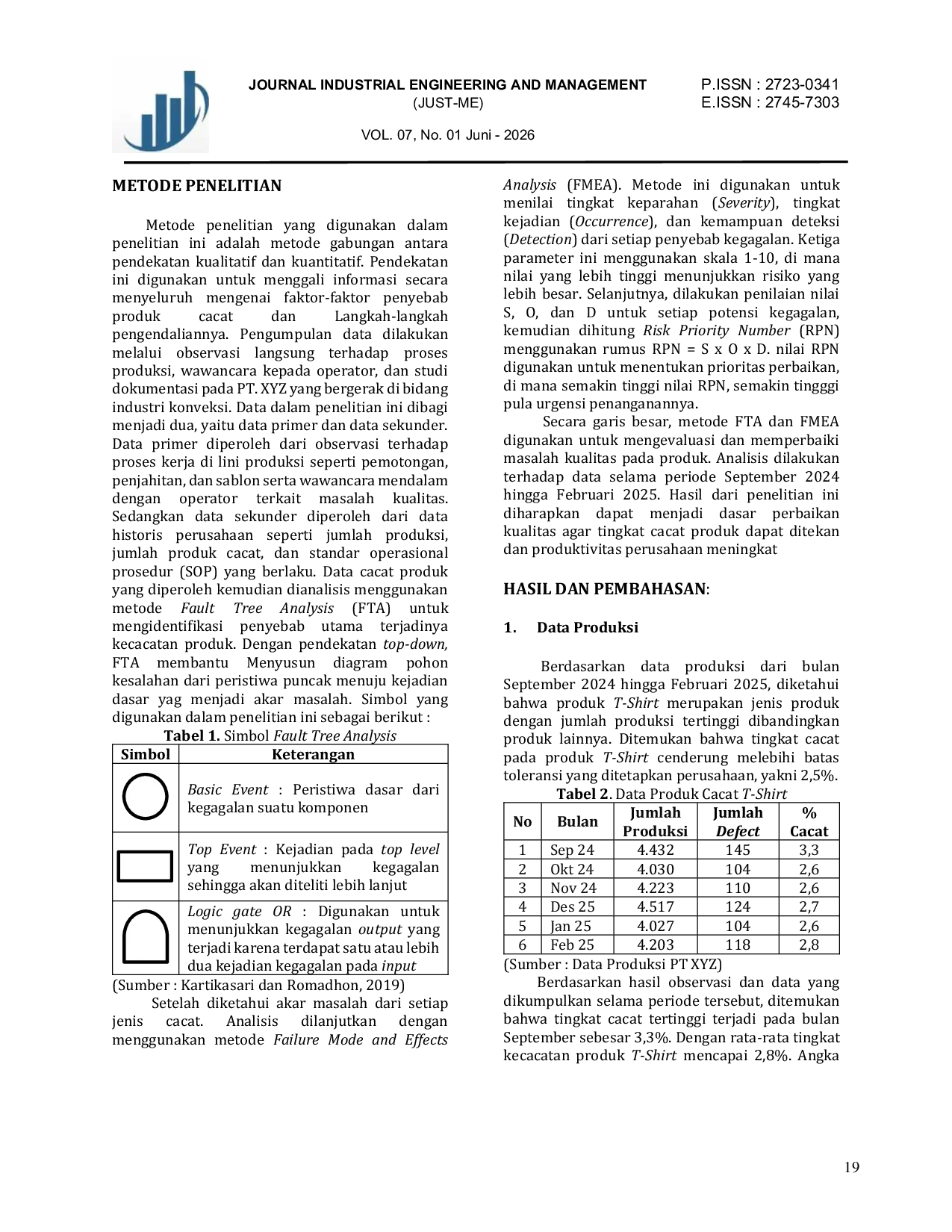 JURIS Analysis of Quality Control of T Shirt Products Using Fault Tree Analysis Failure Mode and Effects Analysis at PT XYZ