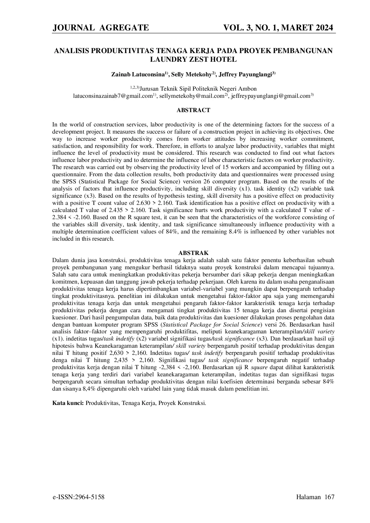 JURIS Analisis Produktivitas Tenaga Kerja Pada Proyek Pembangunan Laundry Zest Hotel