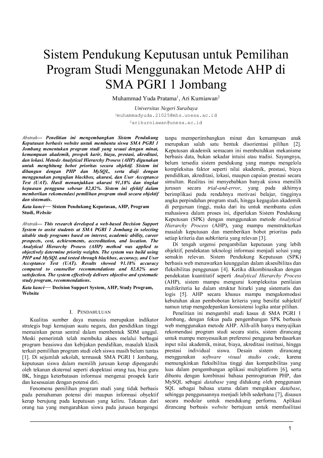 JURIS Sistem Pendukung Keputusan untuk Pemilihan Program Studi Menggunakan Metode AHP di SMA PGRI 1 Jombang