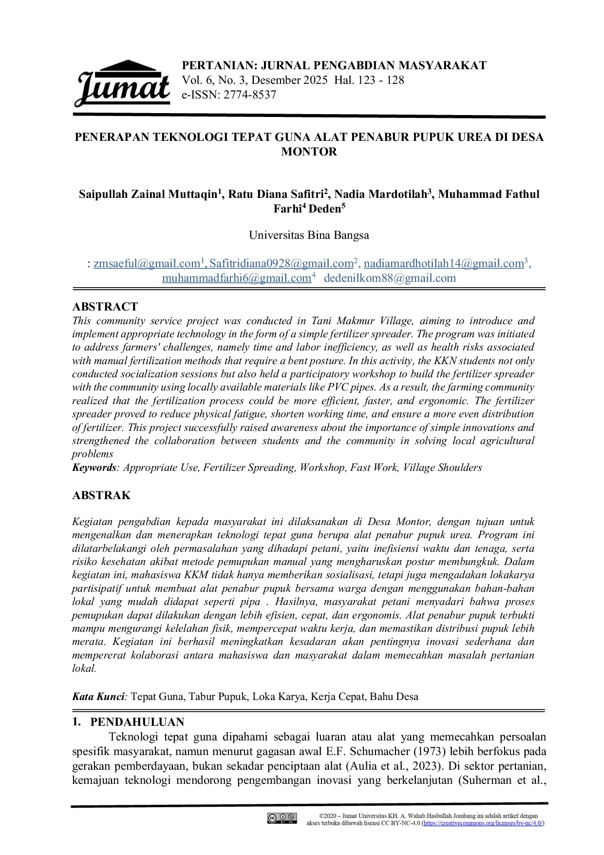 JURIS Penerapan Teknologi Tepat Guna Alat Penabur Pupuk Urea di Desa Montor