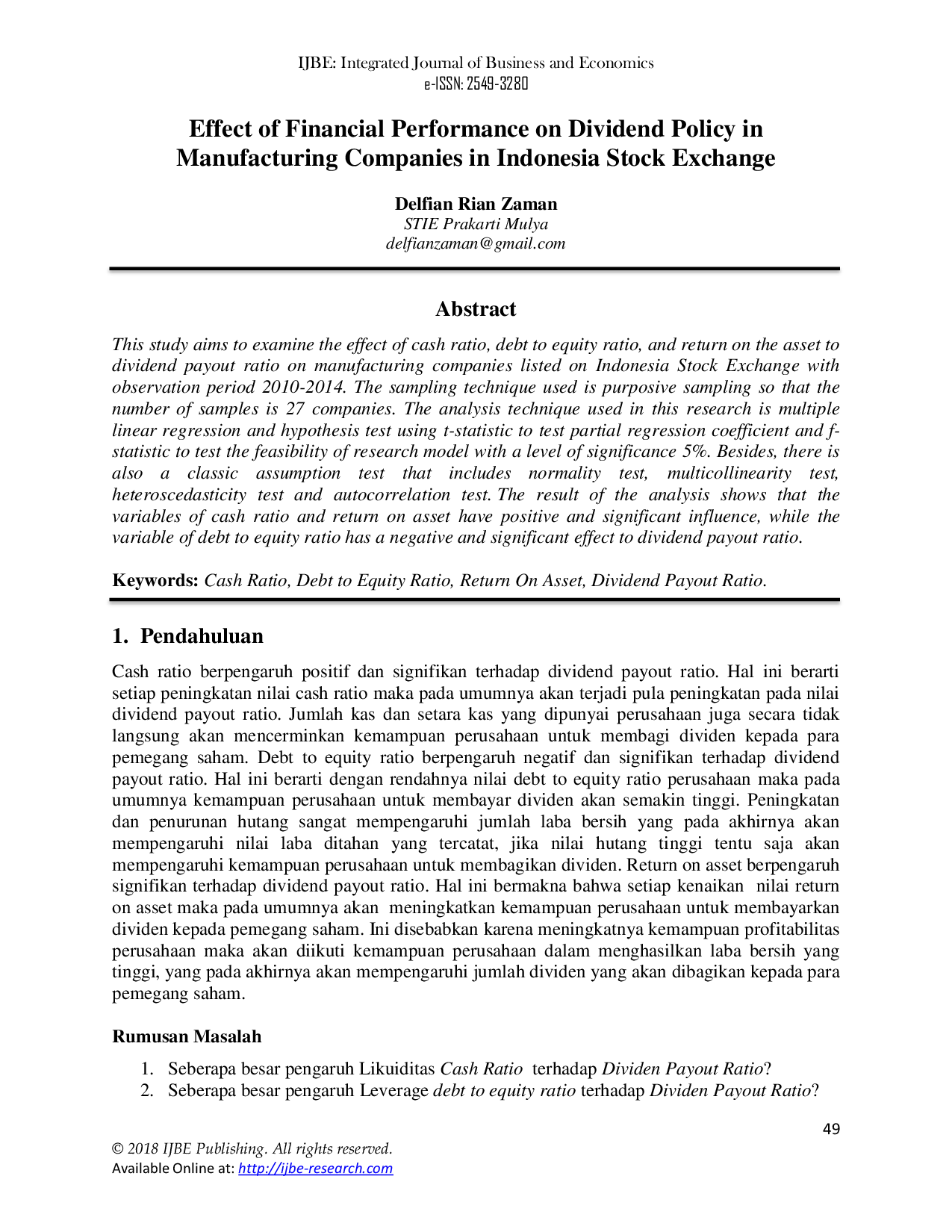 JURIS Effect of Financial Performance on Dividend Policy in Manufacturing Companies in Indonesia Stock Exchange