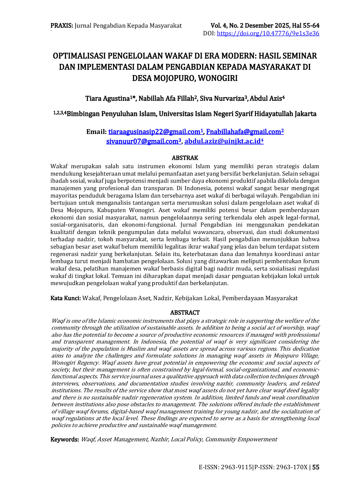 JURIS Optimalisasi Pengelolaan Wakaf di Era Modern Hasil Seminar dan Implementasi dalam Pengabdian Kepada Masyarakat di Desa Mojopuro Wonogiri