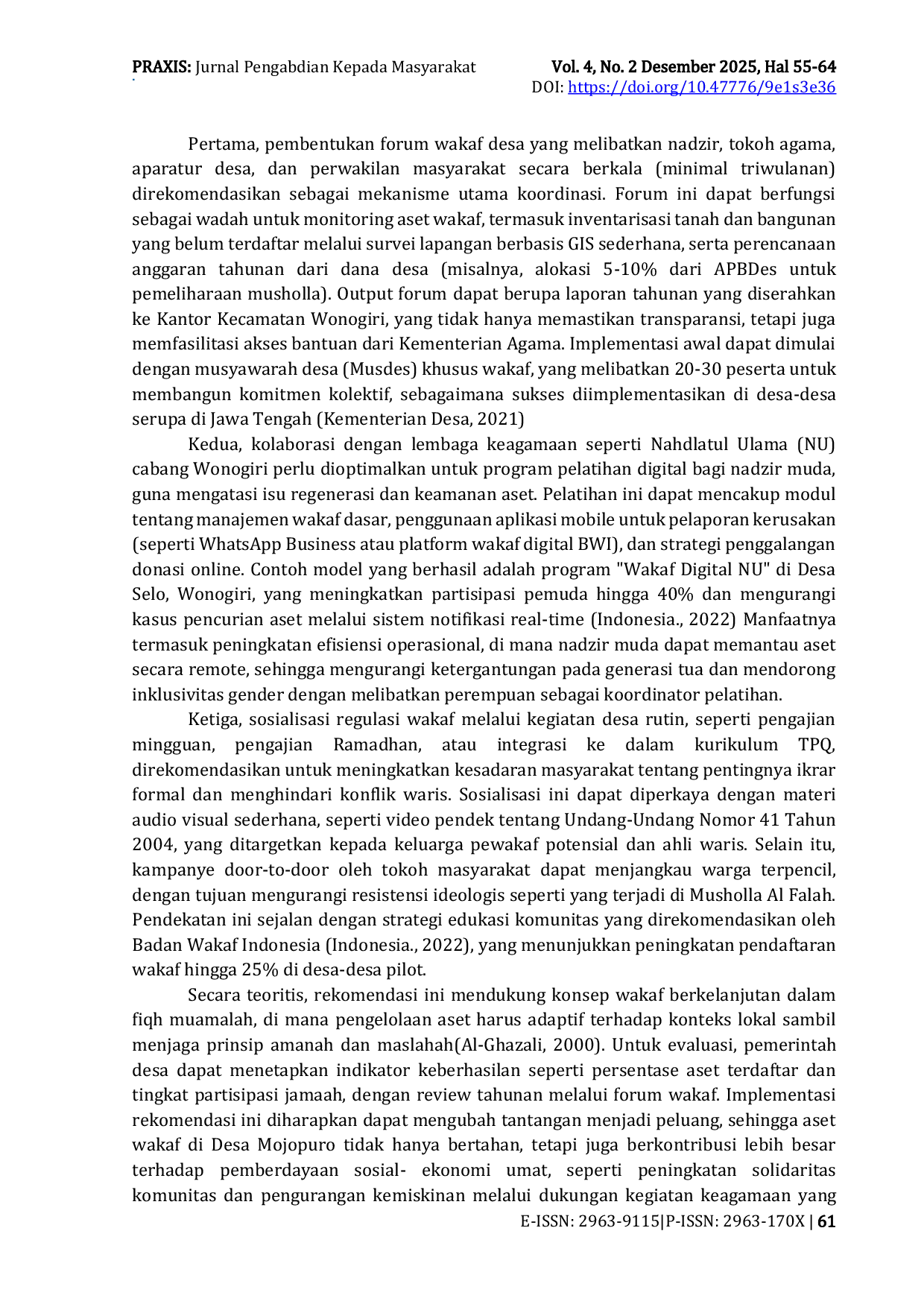 JURIS Optimalisasi Pengelolaan Wakaf di Era Modern Hasil Seminar dan Implementasi dalam Pengabdian Kepada Masyarakat di Desa Mojopuro Wonogiri